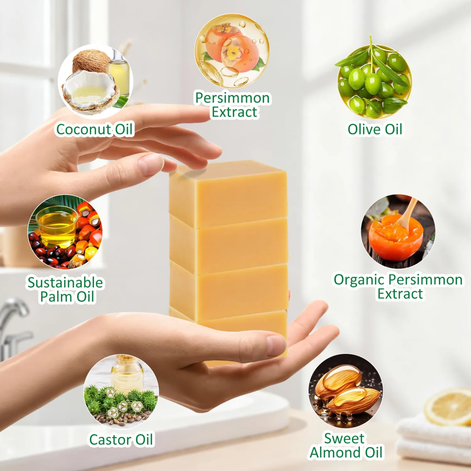 4 PCS Handmade Persimmon Soap Bar for Body Odor Control, Cold Process Persimmon Body Wash Soap for Old People Smell Eliminating Body Odor, 3.53oz/per