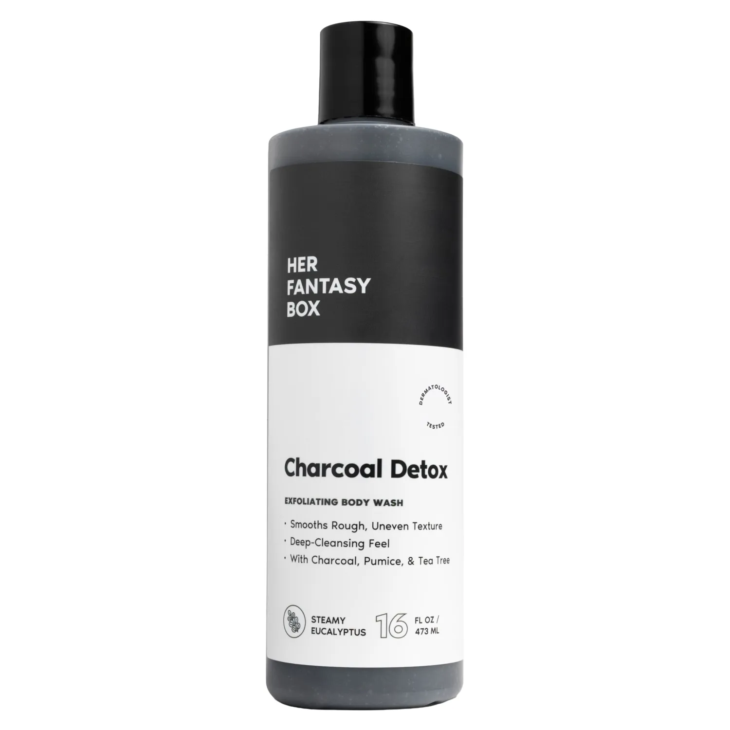 Her Fantasy Box | Charcoal Detox Exfoliating Body Wash – Activated Charcoal & Pumice Deep Cleanser with Tea Tree & Eucalyptus, Refreshing Exfoliation for Smoother Skin, Vegan & pH Balanced (16 oz)