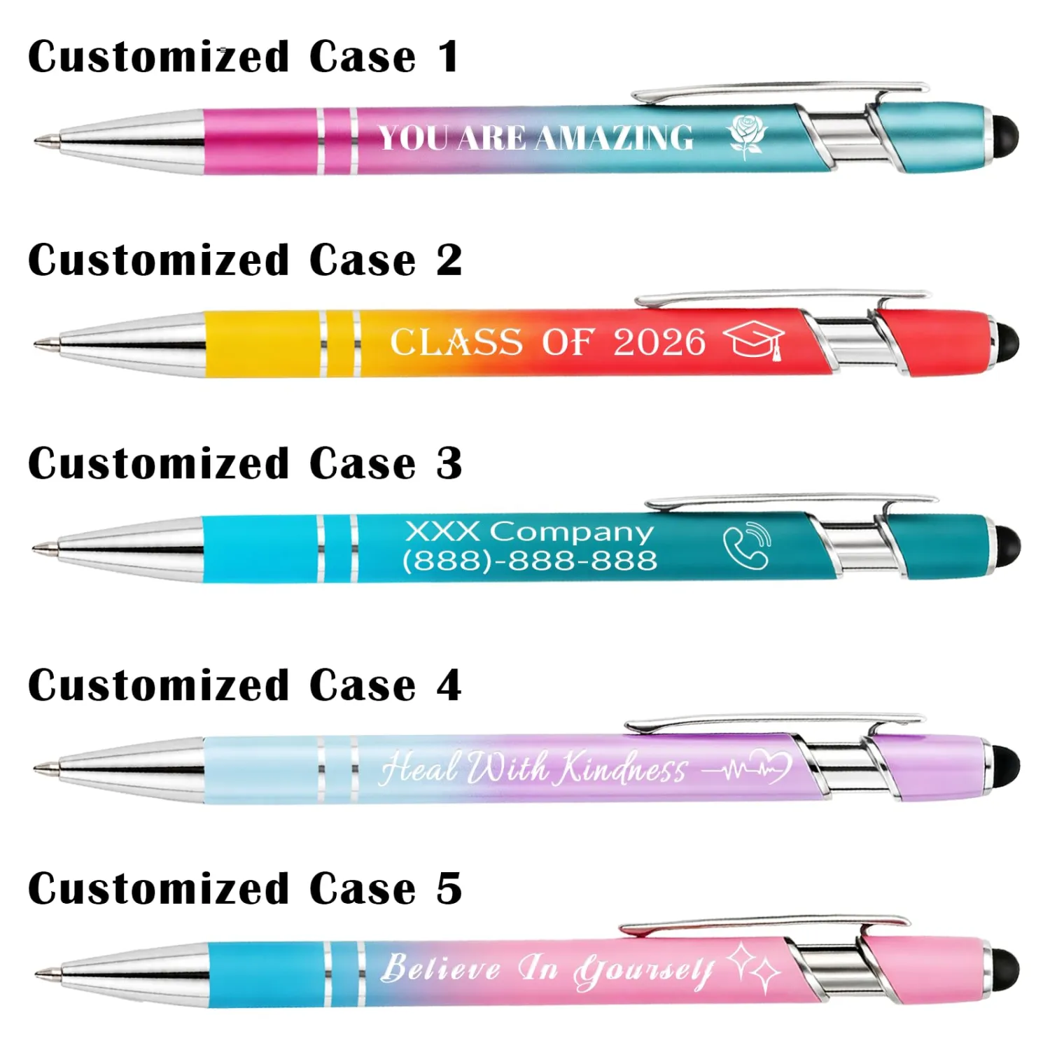 WNNNS Bulk Custom Pens Personalized with Name & Logo, Engraved Birthday Pens with Stylus Tip, Colorful Ballpoint with Stylus Tips, Personalized Birthday Gifts for Men, Women.