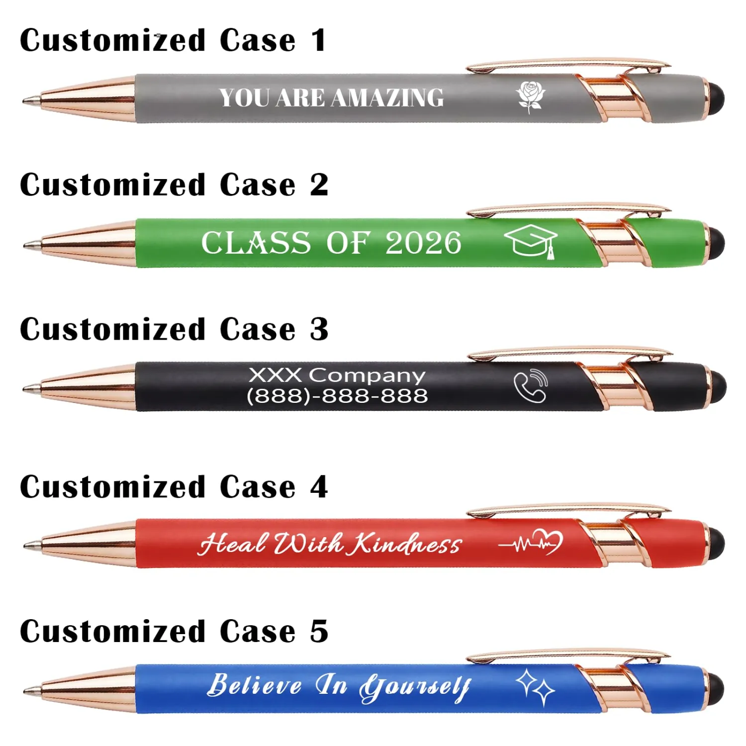 WNNNS Bulk Custom Pens Personalized with Name & Logo, Engraved Promotional Pens with Stylus Tip, Colorful Retractable Ballpoint with Stylus Tips, Personalized Birthday Gifts for Men, Women.