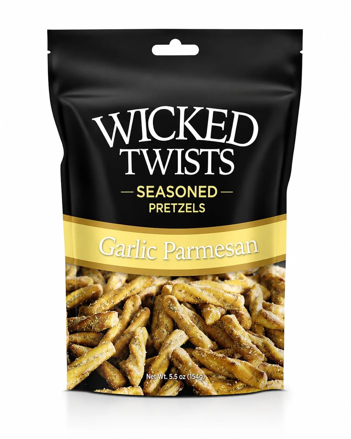 Wicked Twists Garlic Parmesan Seasoned Pretzels Twists 5.5 oz (1 Pack) Snack Pretzel Sticks Rods, Bold Flavor Snack, Resealable Fresh Pack, Baked Crunch, Party & School-Ready