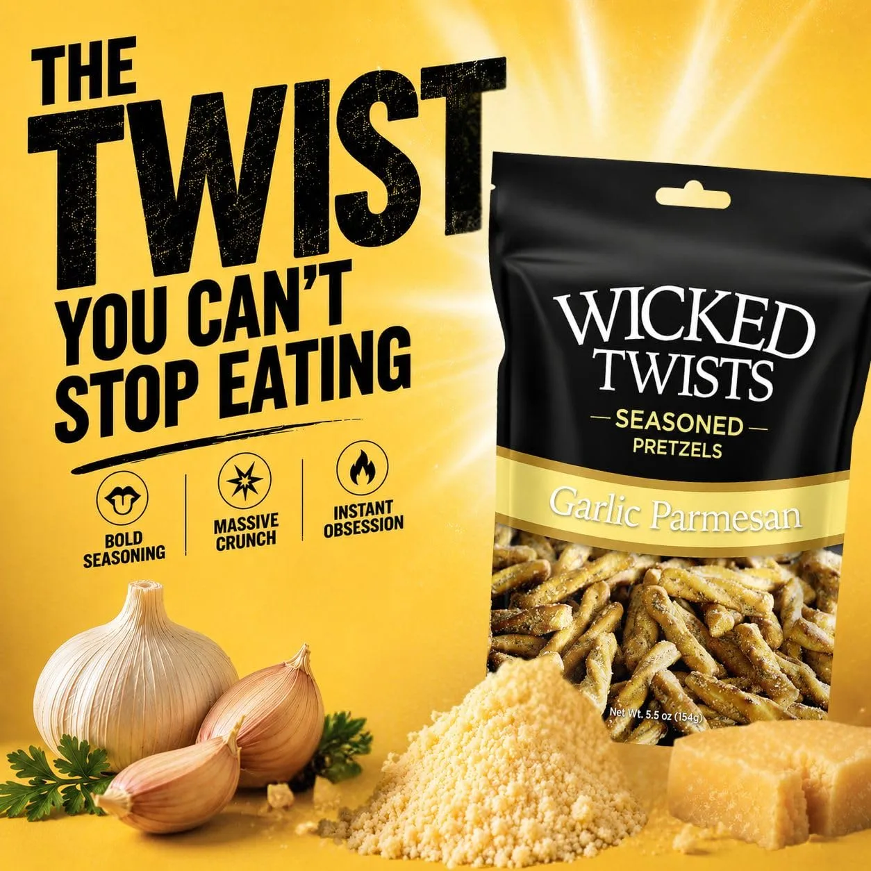 Wicked Twists Garlic Parmesan Seasoned Pretzels Twists 5.5 oz (1 Pack) Snack Pretzel Sticks Rods, Bold Flavor Snack, Resealable Fresh Pack, Baked Crunch, Party & School-Ready