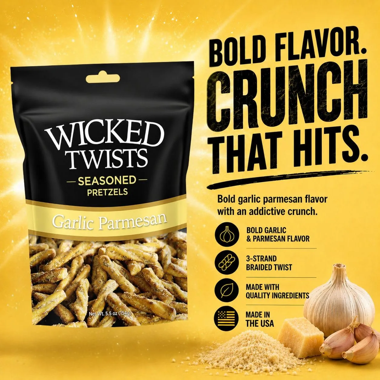 Wicked Twists Garlic Parmesan Seasoned Pretzels Twists 5.5 oz (1 Pack) Snack Pretzel Sticks Rods, Bold Flavor Snack, Resealable Fresh Pack, Baked Crunch, Party & School-Ready