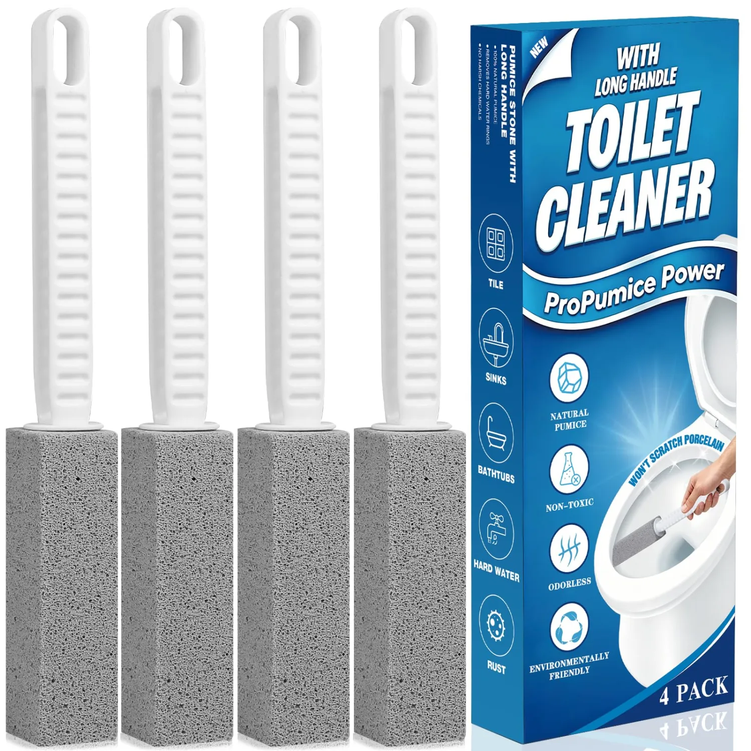 4 Pack Pumice Stone Toilet Bowl Cleaner with Long Handle | Powerfully Removes Toilet Bowl Rings, Rust & Lime, Ideal for Toilet Brush, BBQ Grills, Sink, Pool, Bathroom