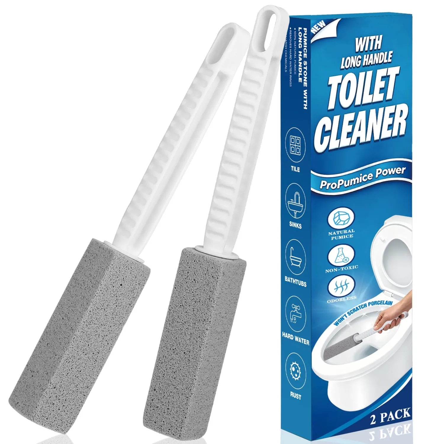 2 Pack Pumice Stone Toilet Bowl Cleaner with Long Handle | Powerfully Removes Toilet Bowl Rings, Rust & Lime, Ideal for Toilet Brush, BBQ Grills, Sink, Pool, Bathroom