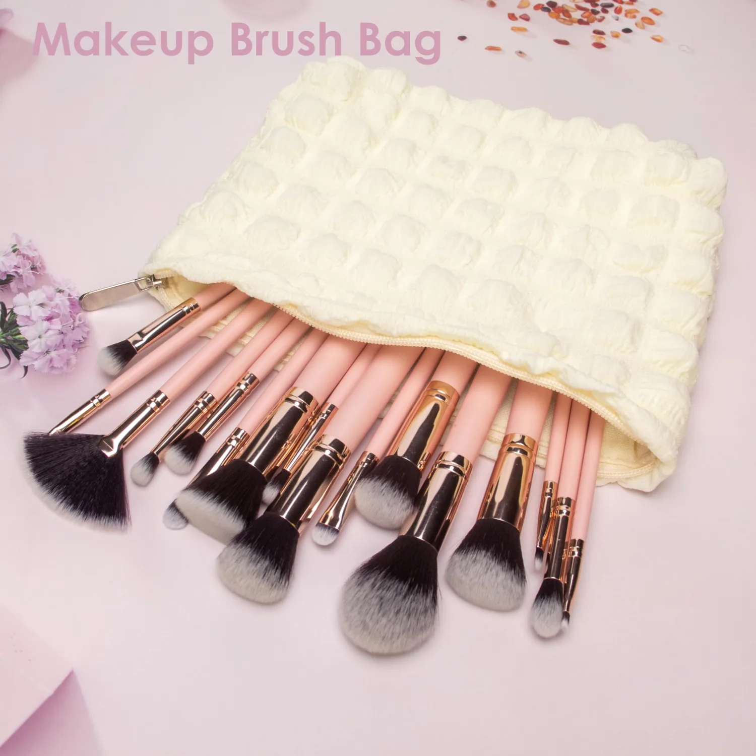 PAZIMIIK Floral Makeup Bag Large Cotton Zipper Pouch for Purse Travel Canvas Make Up Organizer for Women Cosmetic,Bubble Beige