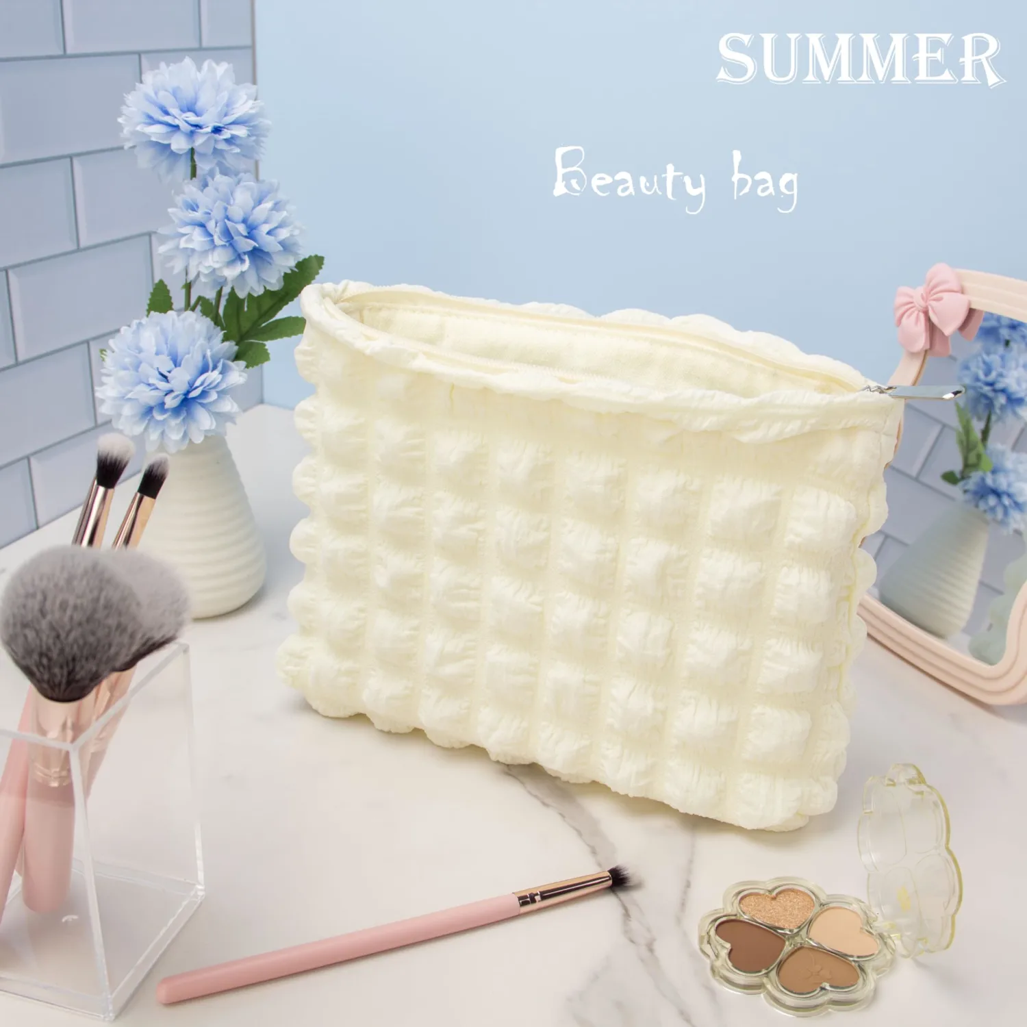 PAZIMIIK Floral Makeup Bag Large Cotton Zipper Pouch for Purse Travel Canvas Make Up Organizer for Women Cosmetic,Bubble Beige