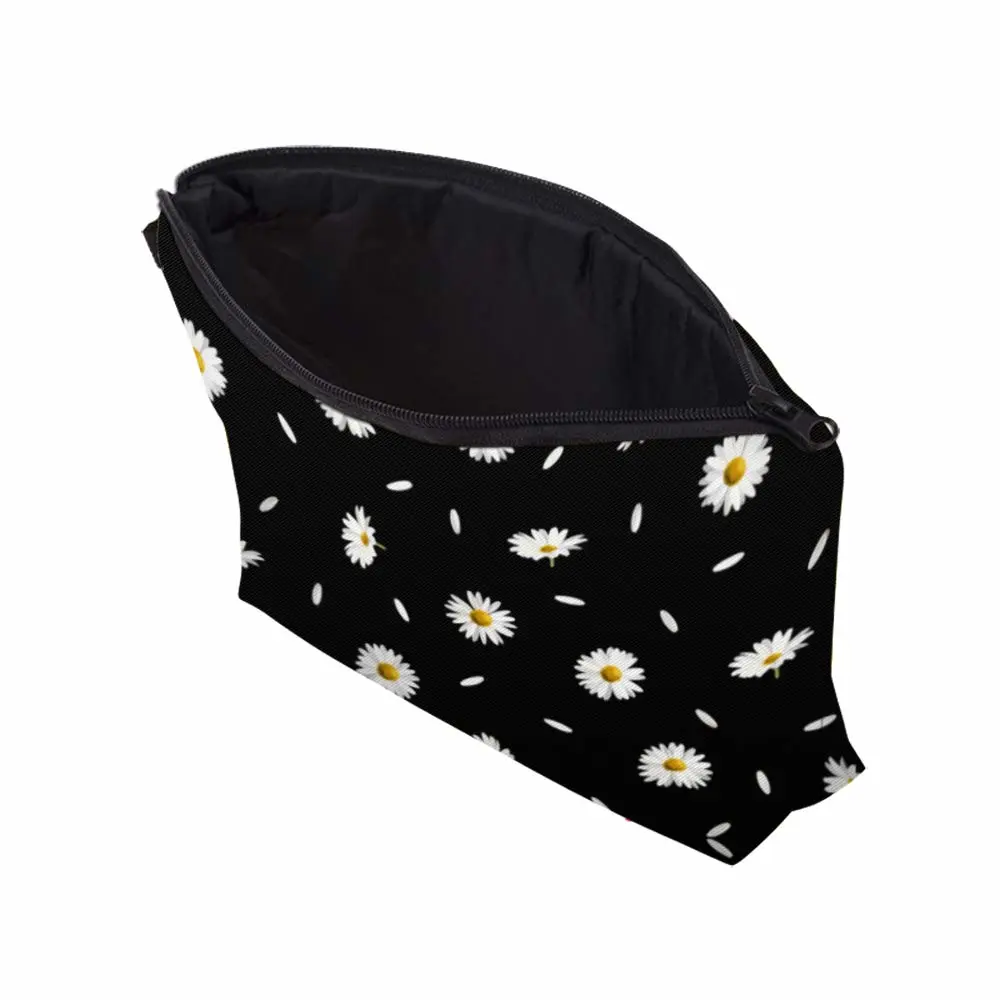 Cute Travel Makeup Bag Cosmetic Bag Small Pouch Gift for Women (Daisy Black)