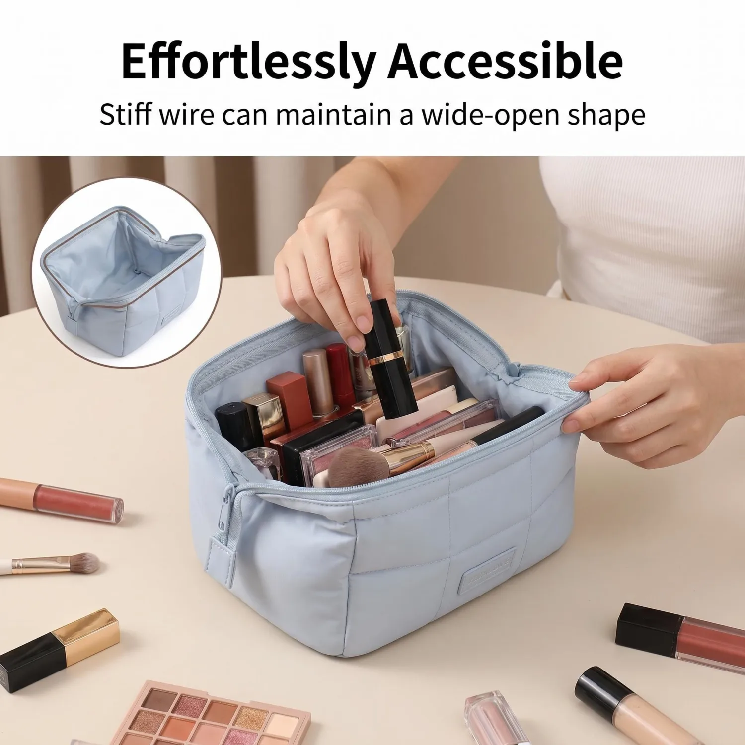 Travel Makeup Bag, Wide Open Cosmetic Bag with Brush Pocket Blue | Fresh blue cosmetic pouch with compartments for travel, skincare, daily makeup storage, dorms, and on-the-go use.