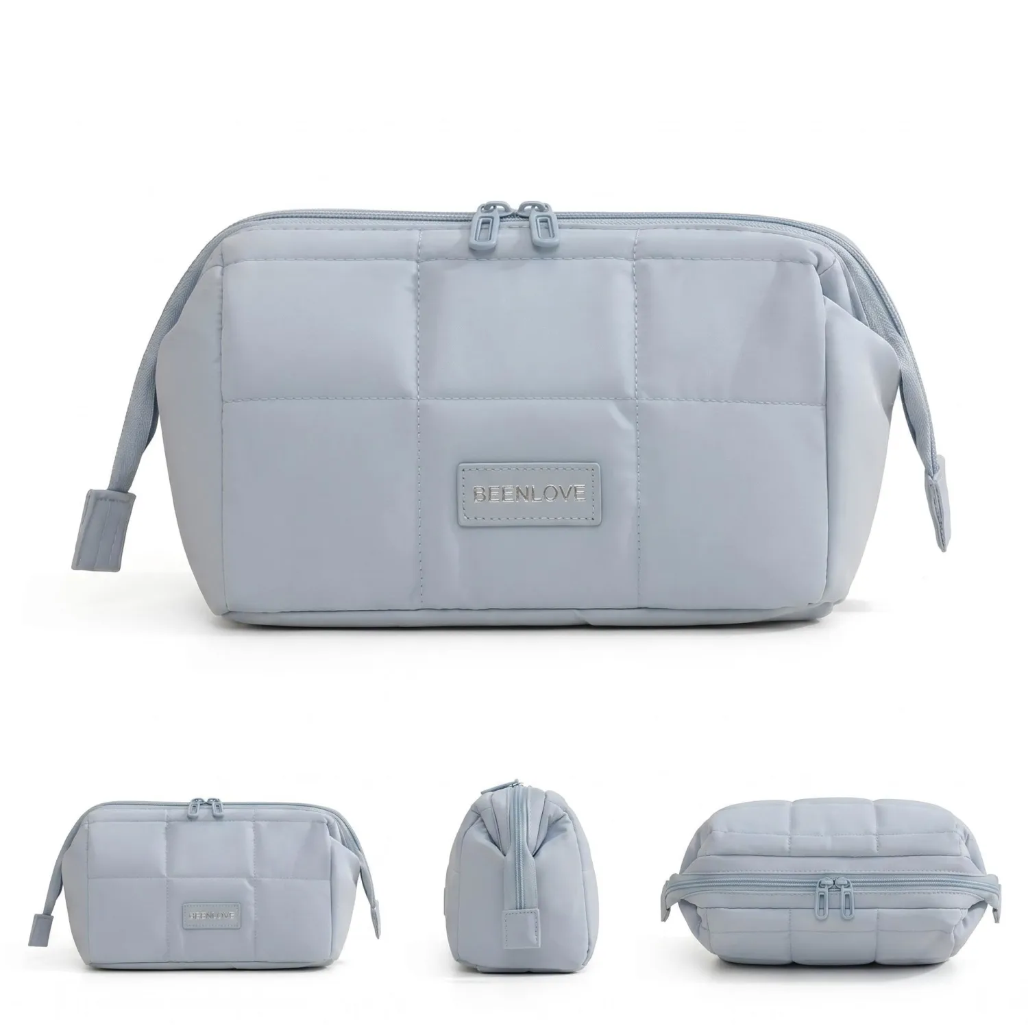 Travel Makeup Bag, Wide Open Cosmetic Bag with Brush Pocket Blue | Fresh blue cosmetic pouch with compartments for travel, skincare, daily makeup storage, dorms, and on-the-go use.