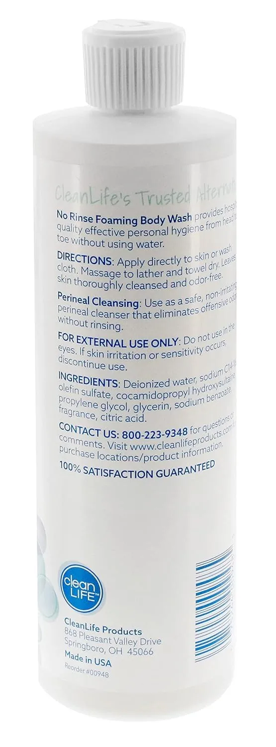 No-Rinse Foaming Body Wash, 16 fl Oz Refill Waterless, Rinse Free Foam Cleanser Leaves Skin Clean and Moisturized - Effective Perineal Wash Providing Cleansing Foam for Elderly, Adults, Camping
