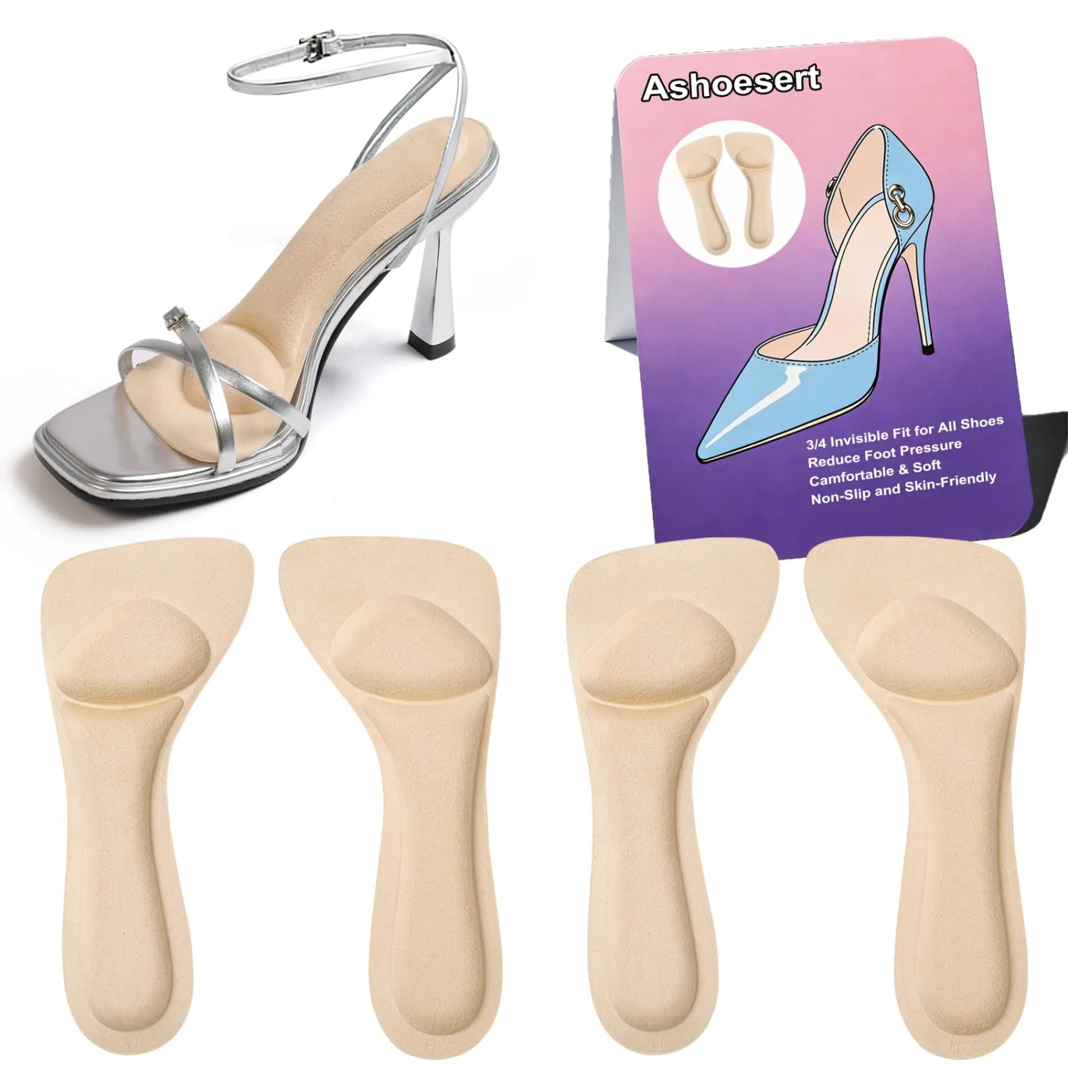 Ashoesert 3/4 Invisible High Heel Cushion Inserts for Women Shoe Pads | Women Soft Heel Cushion Pads, Anti Slip Shoe Pads for Sandals,Comfort Shock Absorbing Heel Insoles Shoe Cushions Protector