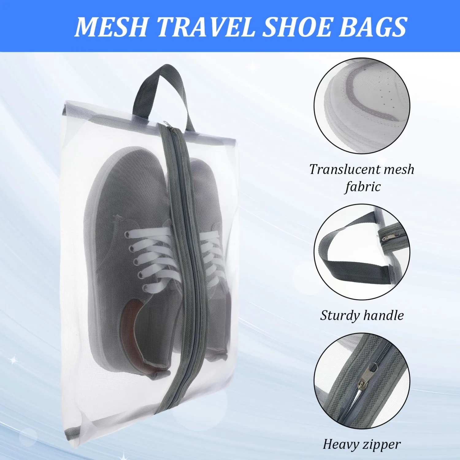 Tyqour 2 Pack Travel Shoe Bags for Storage Shoe Bag for Gym Reusable Shoe Bags Shoe Covers for Travel with Zipper Travel Essentials Women Men for Sport, Grey