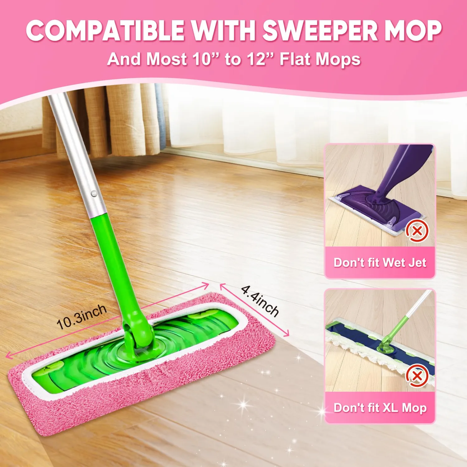 6-Pack Reusable Mop Pads Compatible with Sweeper Mop - 100% Coral Fleece Washable Refills - Microfiber Dry & Wet Sweeping Cloths for Multi-Surface/Hardwood Floor Cleaning- Pink