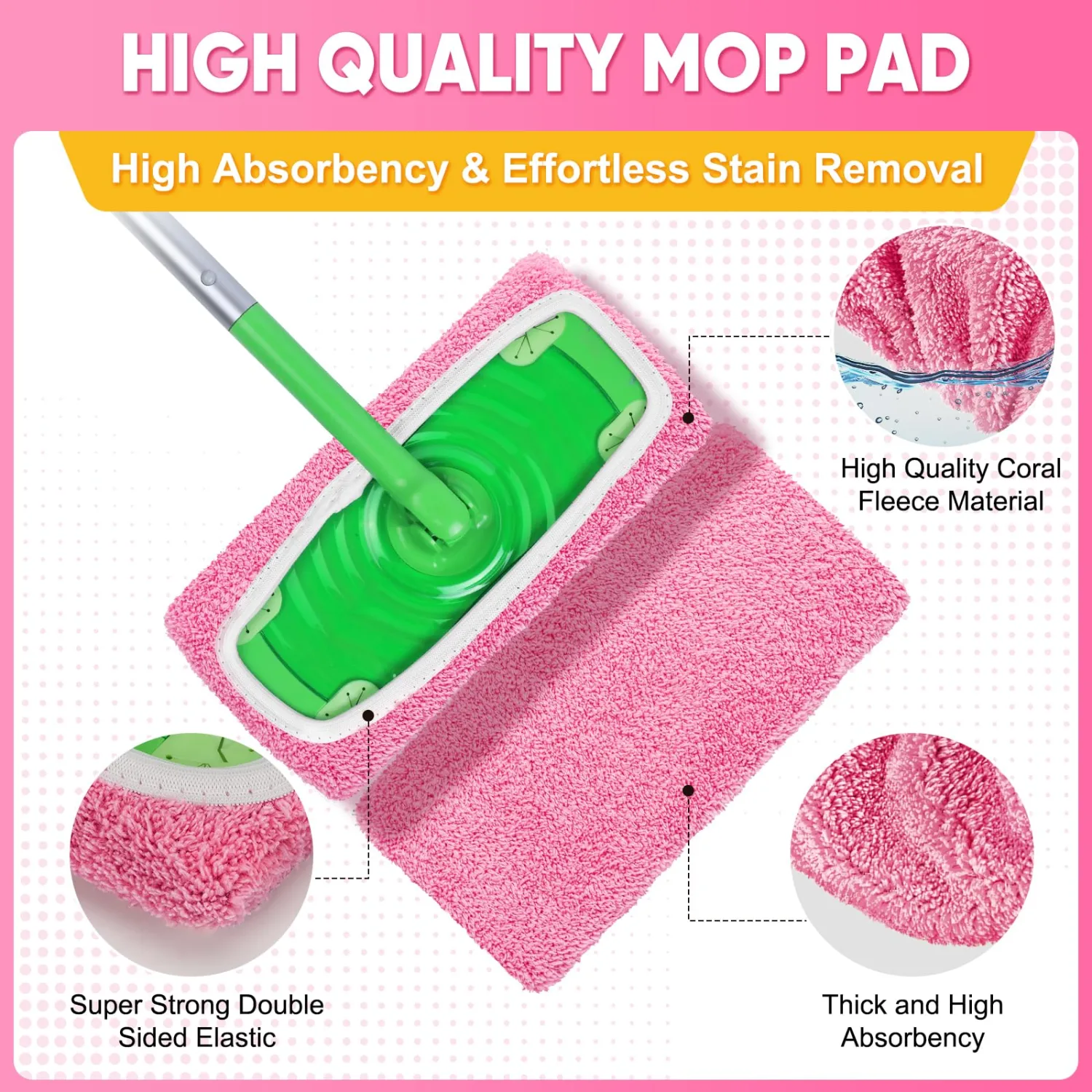 6-Pack Reusable Mop Pads Compatible with Sweeper Mop - 100% Coral Fleece Washable Refills - Microfiber Dry & Wet Sweeping Cloths for Multi-Surface/Hardwood Floor Cleaning- Pink