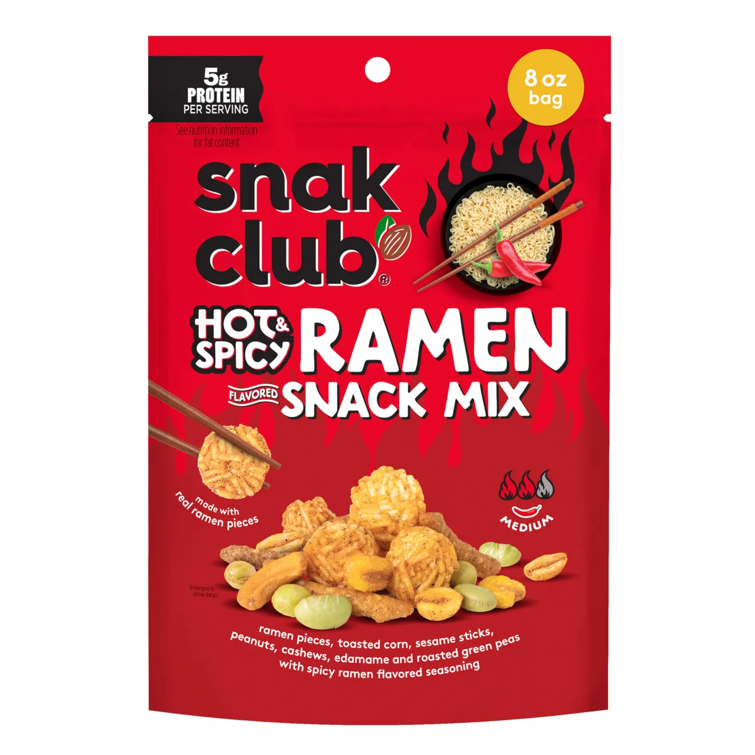 Snak Club Hot & Spicy Ramen Flavored Snack Mix with Peanuts & Cashews, 8 oz | Fiery savory snack mix with crunchy textures for spice lovers, perfect for travel, work, and anytime cravings.