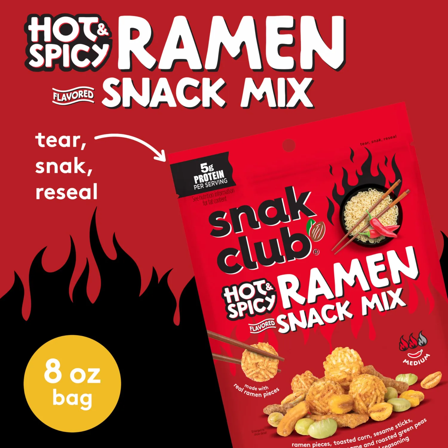 Snak Club Hot & Spicy Ramen Flavored Snack Mix with Peanuts & Cashews, 8 oz | Fiery savory snack mix with crunchy textures for spice lovers, perfect for travel, work, and anytime cravings.