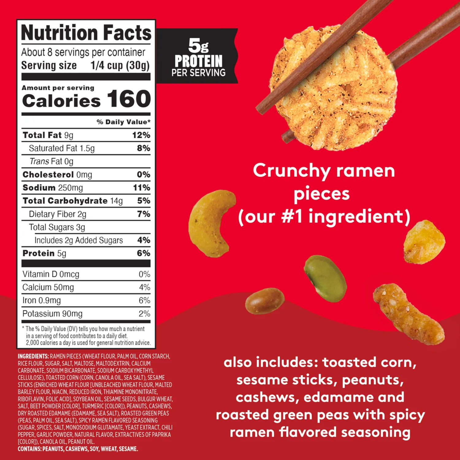 Snak Club Hot & Spicy Ramen Flavored Snack Mix with Peanuts & Cashews, 8 oz | Fiery savory snack mix with crunchy textures for spice lovers, perfect for travel, work, and anytime cravings.