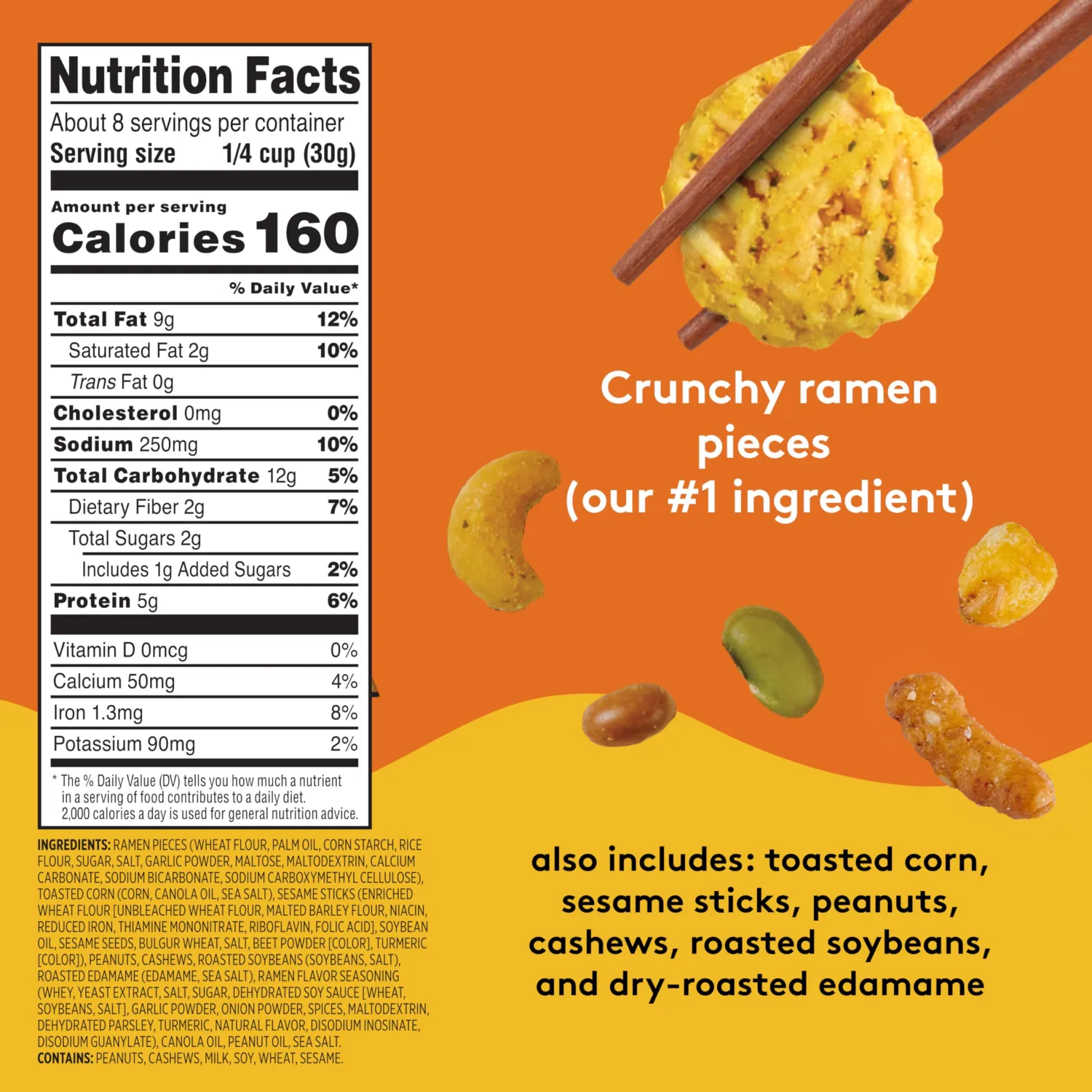 Snak Club Ramen Flavored Snack Mix with Sesame Sticks & Cashews, 8 oz | Savory crunchy snack mix inspired by ramen flavors, great for office snacks, road trips, and everyday enjoyment.