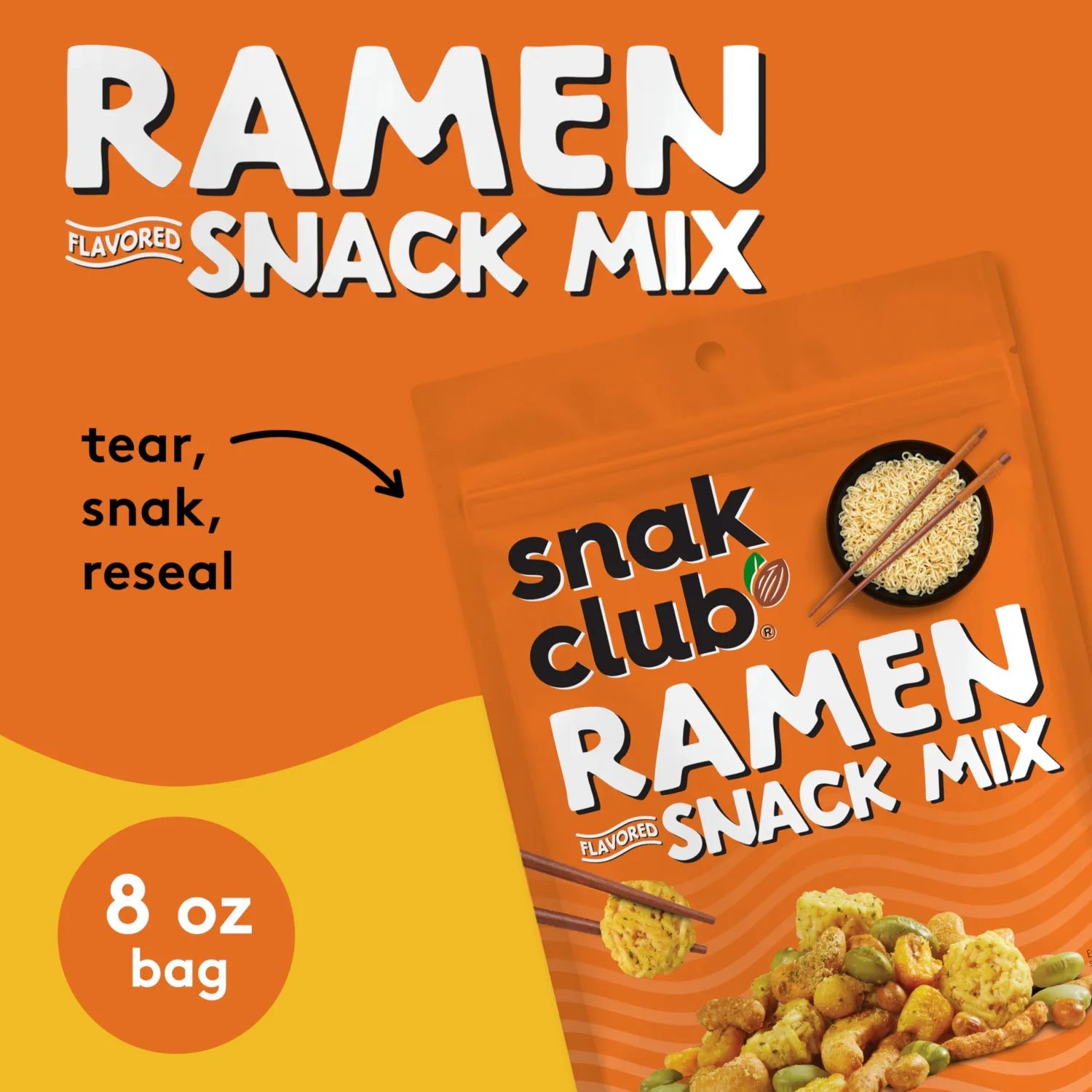Snak Club Ramen Flavored Snack Mix with Sesame Sticks & Cashews, 8 oz | Savory crunchy snack mix inspired by ramen flavors, great for office snacks, road trips, and everyday enjoyment.