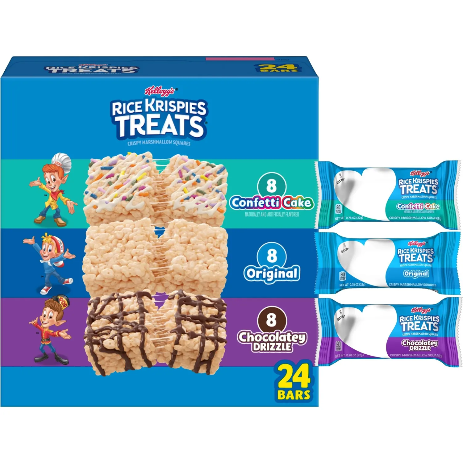 Rice Krispies Treats Crispy Marshmallow Squares, Kids Snacks, Cereal Bars, Variety Pack, 18.6oz Box (24 Bars)