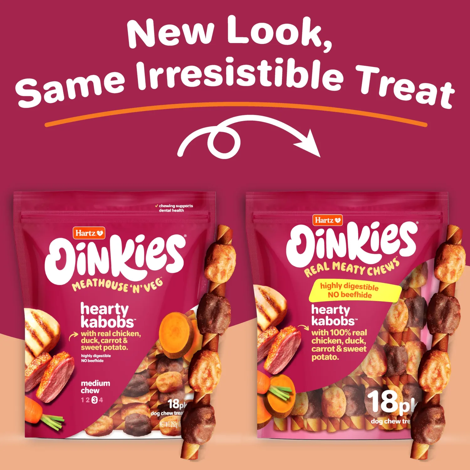 Oinkies Hearty Kabobs Rawhide‑Free Dog Treats, 18 Count