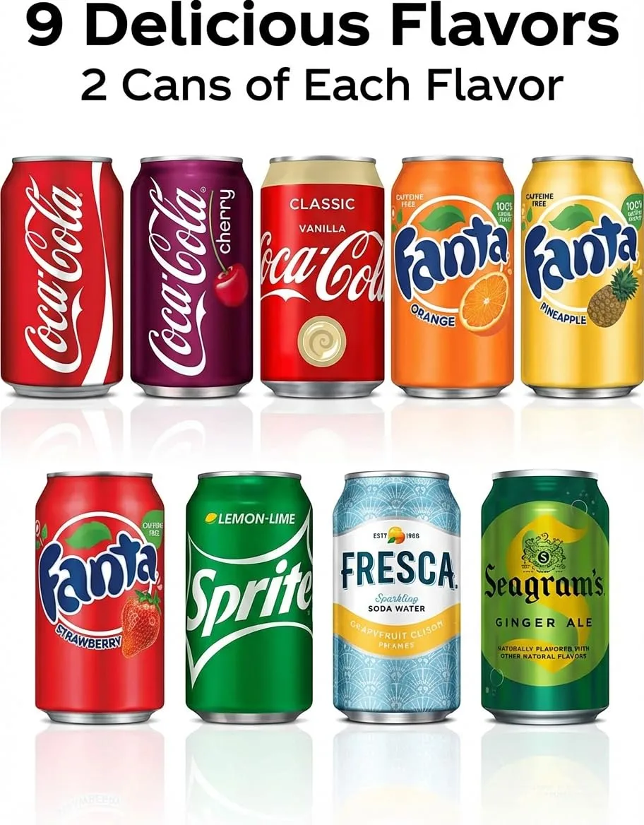 Soda Variety Pack 18PK – 9 Flavor Assortment of Coca-Cola, Sprite, Fanta & Seagram’s Ginger Ale – 12 oz Cans Mixed Soft Drinks for Parties, Office, Home & Events