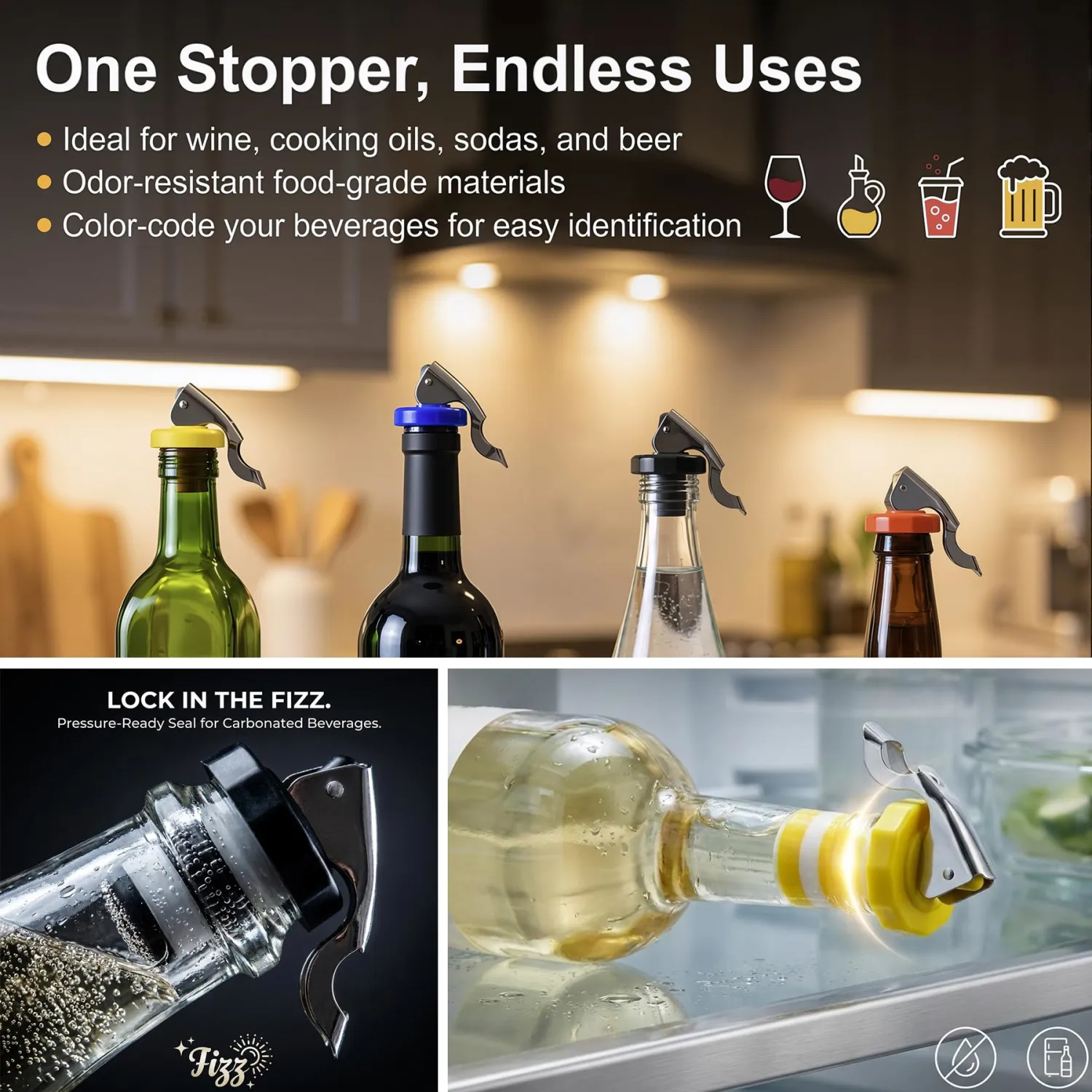 5 Pack Wine Bottle Stoppers for Glass Bottles, Soda Bottle Fizz Keeper Caps | Open, seal and save unfinished wine, soda, champagne and carbonated drinks with reusable fizz keeper caps and bottle opener