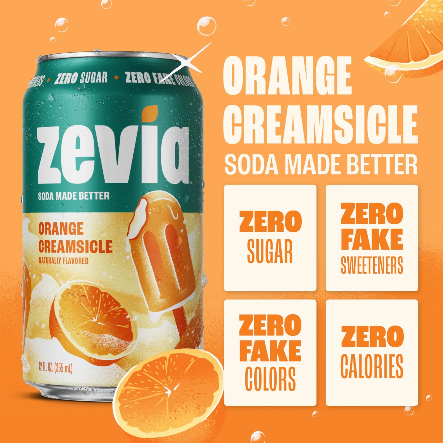 Zevia Zero Sugar Soda, Orange Creamsicle, 12 oz Cans (8-Pack) – Caffeine Free, Naturally Sweetened, No Calorie Soda - Non-GMO Project Verified, Gluten-Free, Vegan