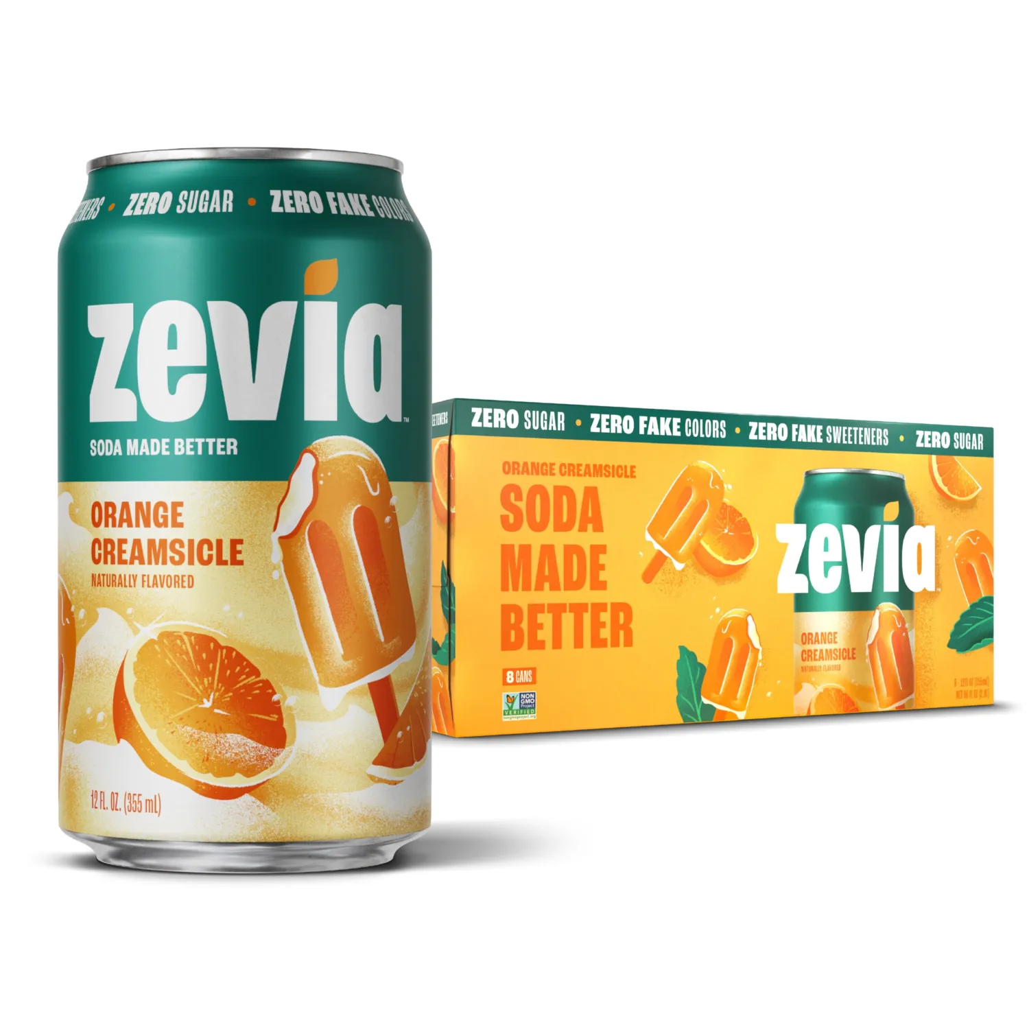 Zevia Zero Sugar Soda, Orange Creamsicle, 12 oz Cans (8-Pack) – Caffeine Free, Naturally Sweetened, No Calorie Soda - Non-GMO Project Verified, Gluten-Free, Vegan