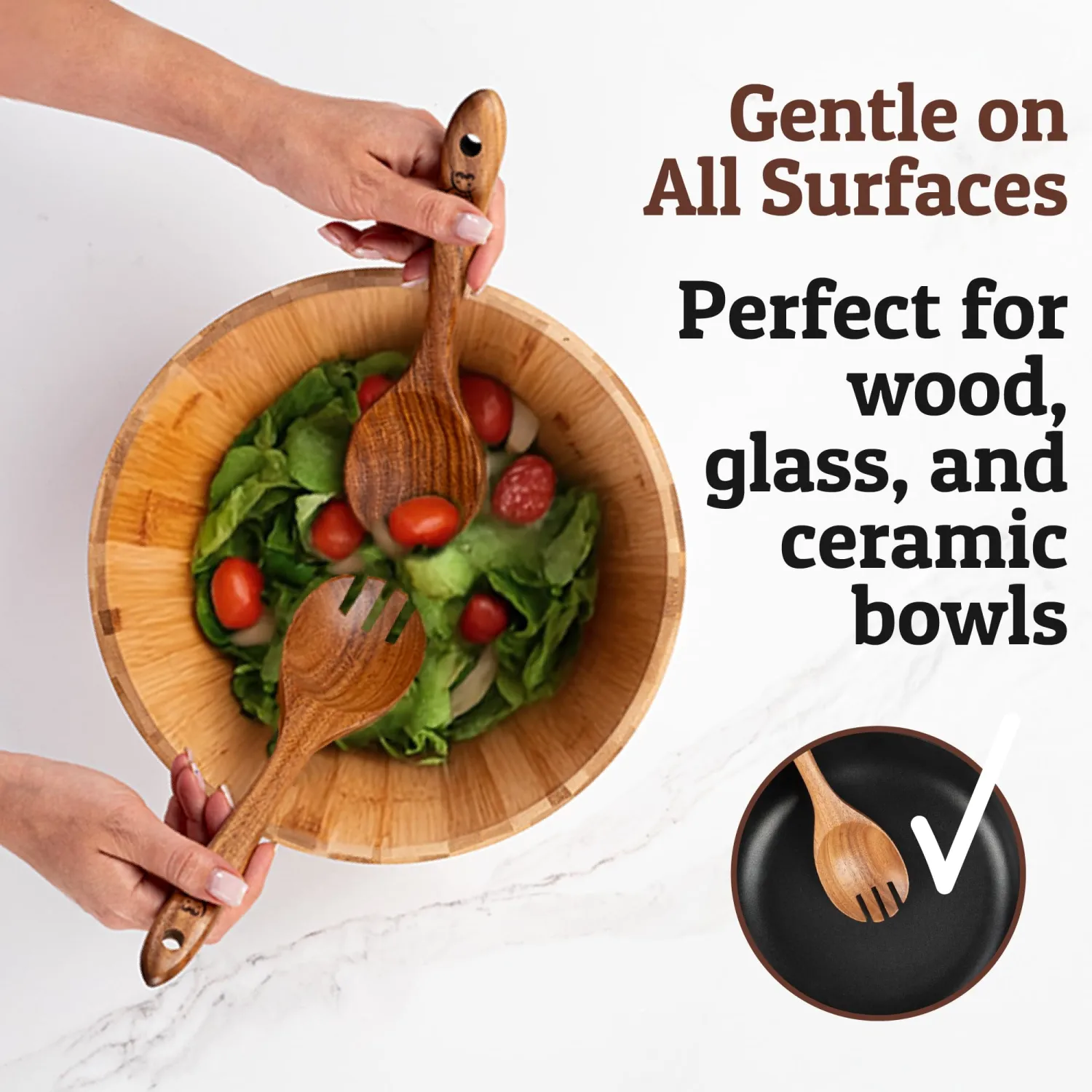 PriorityChef Premium Wooden Salad Servers - Handcrafted Teak Wood Spork - Durable Kitchen Utensil for Serving and Tossing Pasta & Sides - Nonstick Safe Wooden Salad Spoon and Fork Set Combined