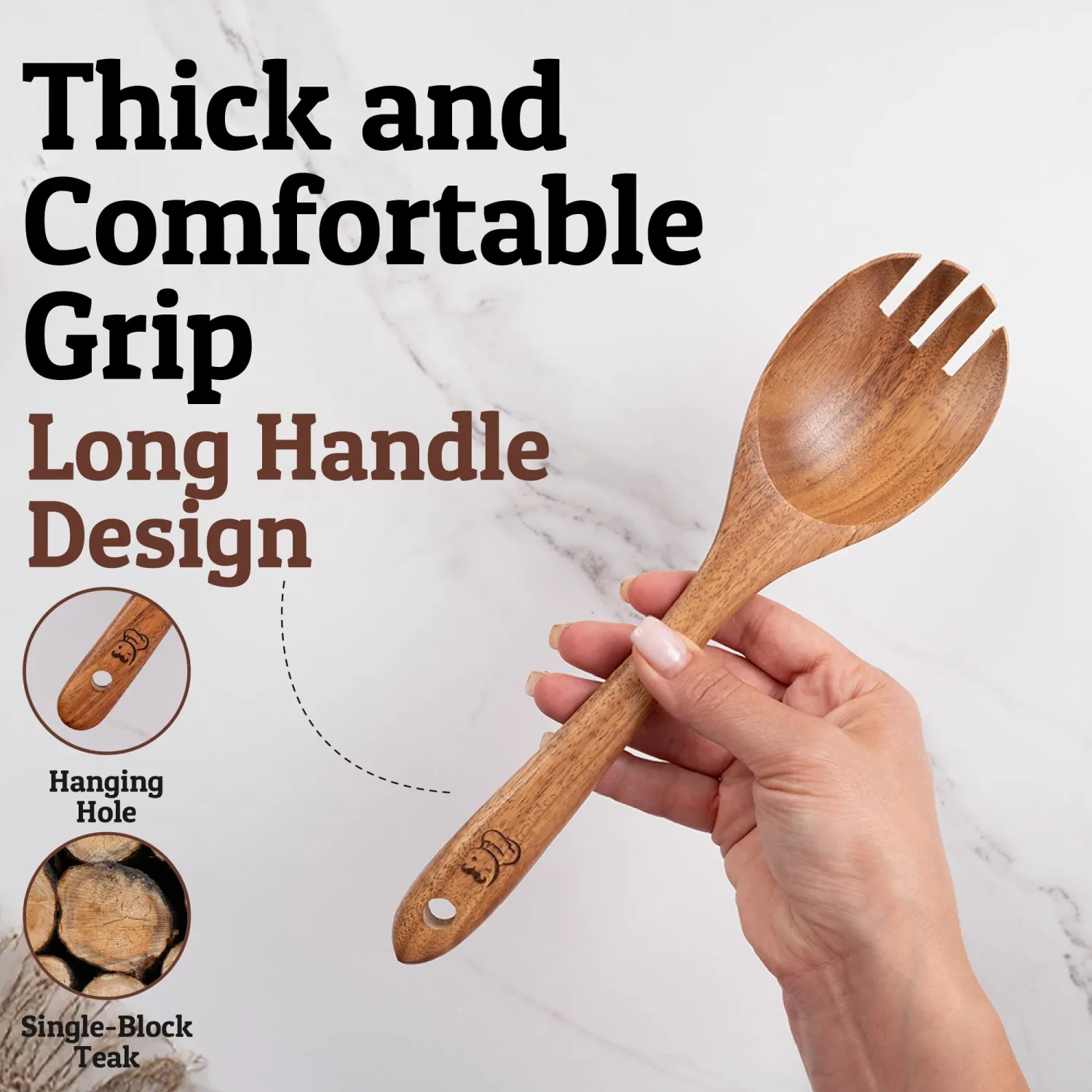 PriorityChef Premium Wooden Salad Servers - Handcrafted Teak Wood Spork - Durable Kitchen Utensil for Serving and Tossing Pasta & Sides - Nonstick Safe Wooden Salad Spoon and Fork Set Combined