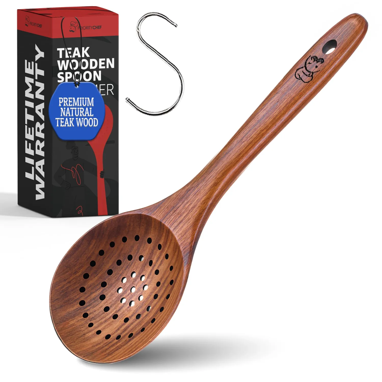 PriorityChef Wooden Slotted Spoon - Premium Teak Cooking Utensil for Frying, Straining & Serving - Long Handle Kitchen Spoon for Nonstick Cookware - Handcrafted Durable Wood