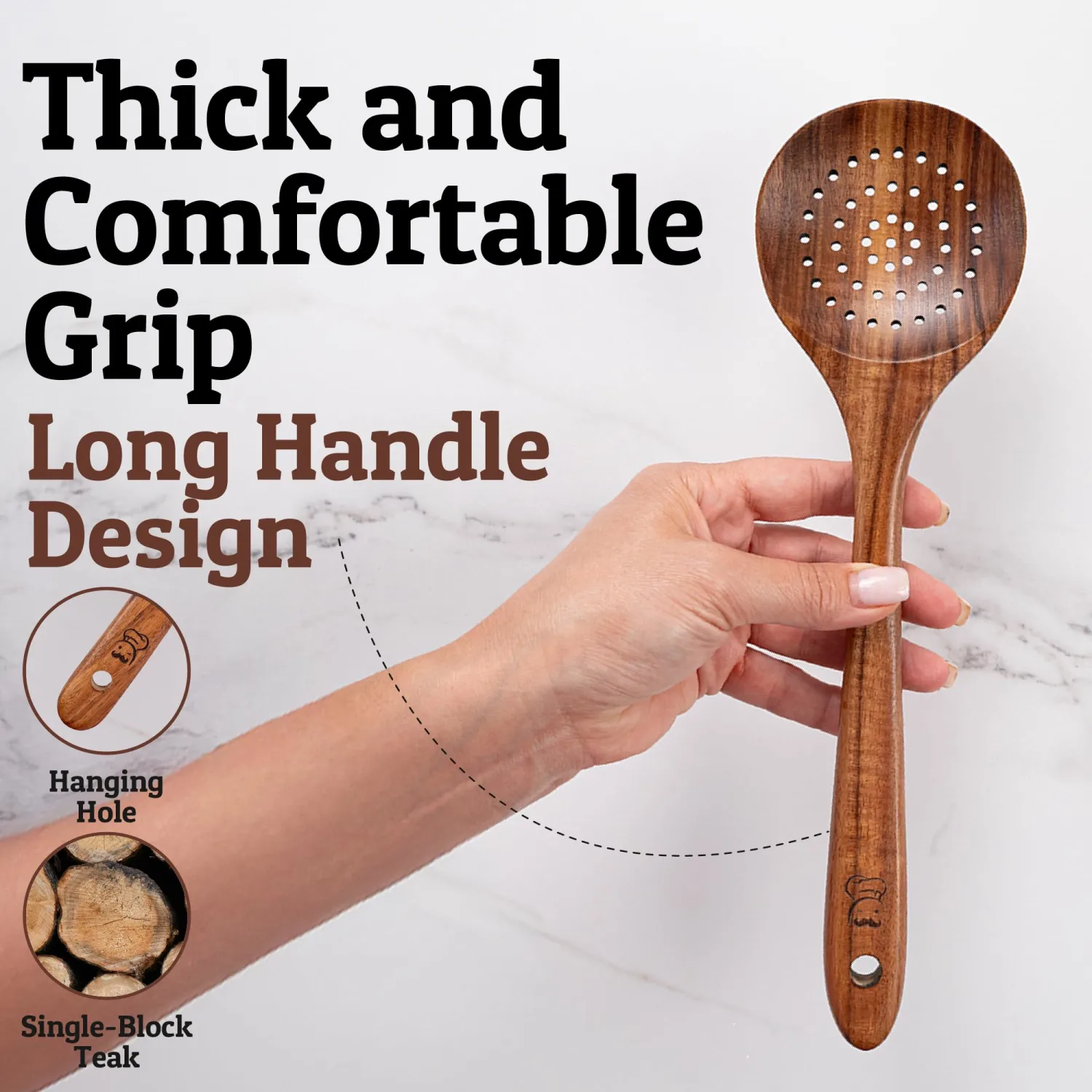 PriorityChef Wooden Slotted Spoon - Premium Teak Cooking Utensil for Frying, Straining & Serving - Long Handle Kitchen Spoon for Nonstick Cookware - Handcrafted Durable Wood