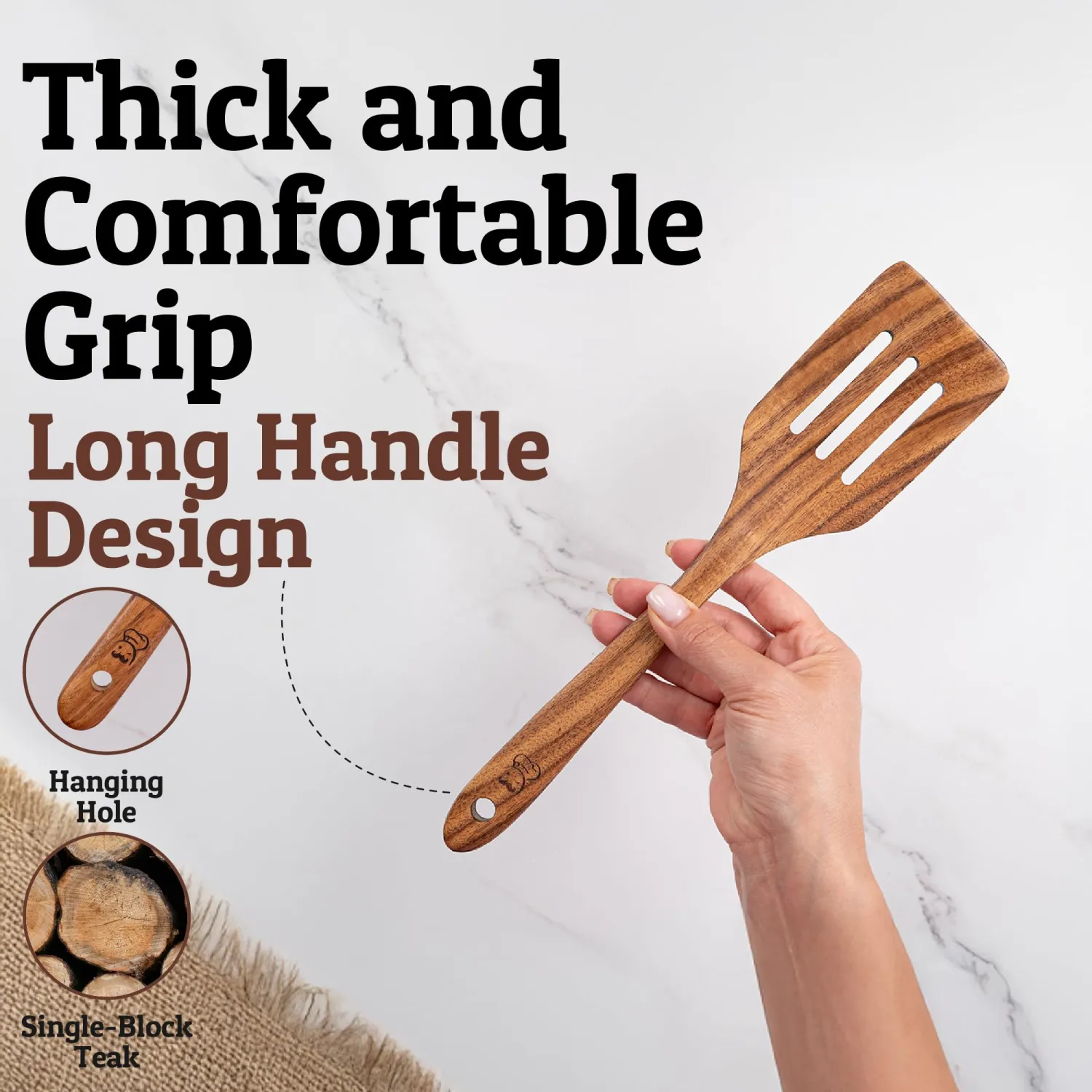 PriorityChef Teak Wooden Slotted Turner - Premium Wood Spatula for Cooking - Nonstick-Safe Kitchen Utensil - Handcrafted Wooden Turner for Flipping & Stirring