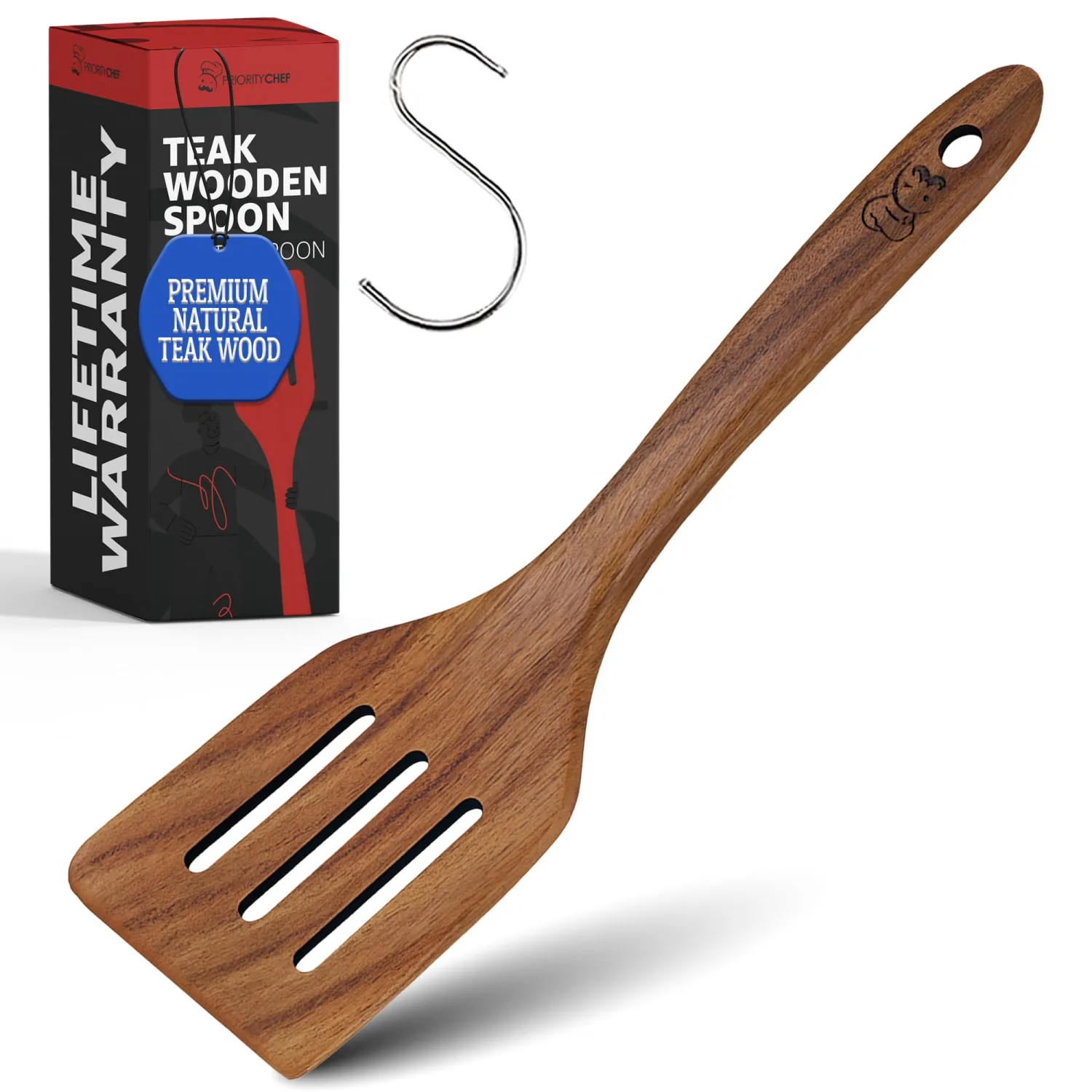 PriorityChef Teak Wooden Slotted Turner - Premium Wood Spatula for Cooking - Nonstick-Safe Kitchen Utensil - Handcrafted Wooden Turner for Flipping & Stirring