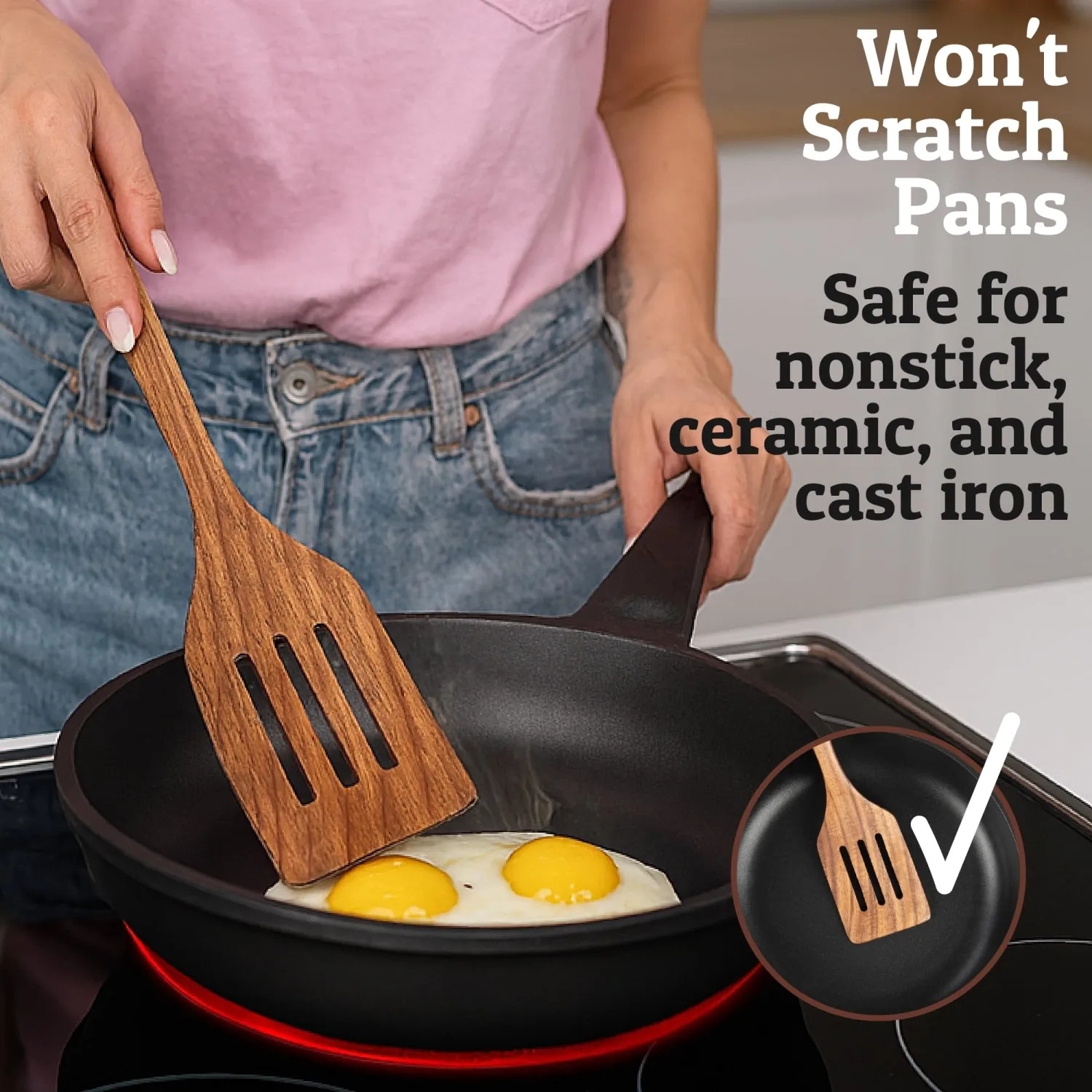PriorityChef Teak Wooden Slotted Turner - Premium Wood Spatula for Cooking - Nonstick-Safe Kitchen Utensil - Handcrafted Wooden Turner for Flipping & Stirring