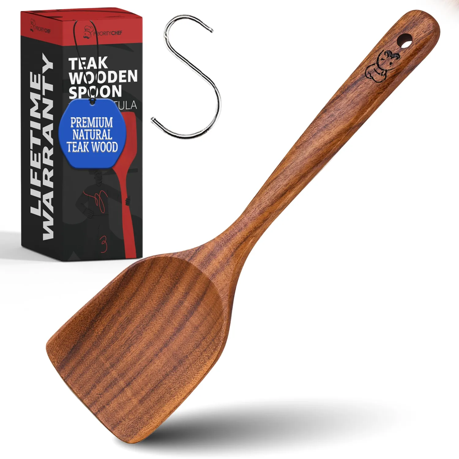 PriorityChef Premium Teak Flat Wooden Spatula for Cooking - Long Handle Wooden Wok Spatula, Flat Wood Turner for Stir Fry, Wood Teak for Nonstick Pans, Kitchen Cooking Utensil