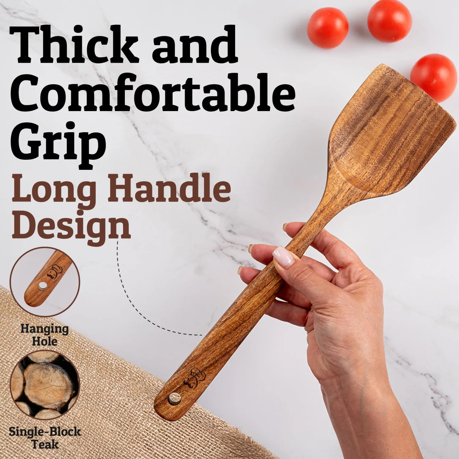 PriorityChef Premium Teak Flat Wooden Spatula for Cooking - Long Handle Wooden Wok Spatula, Flat Wood Turner for Stir Fry, Wood Teak for Nonstick Pans, Kitchen Cooking Utensil