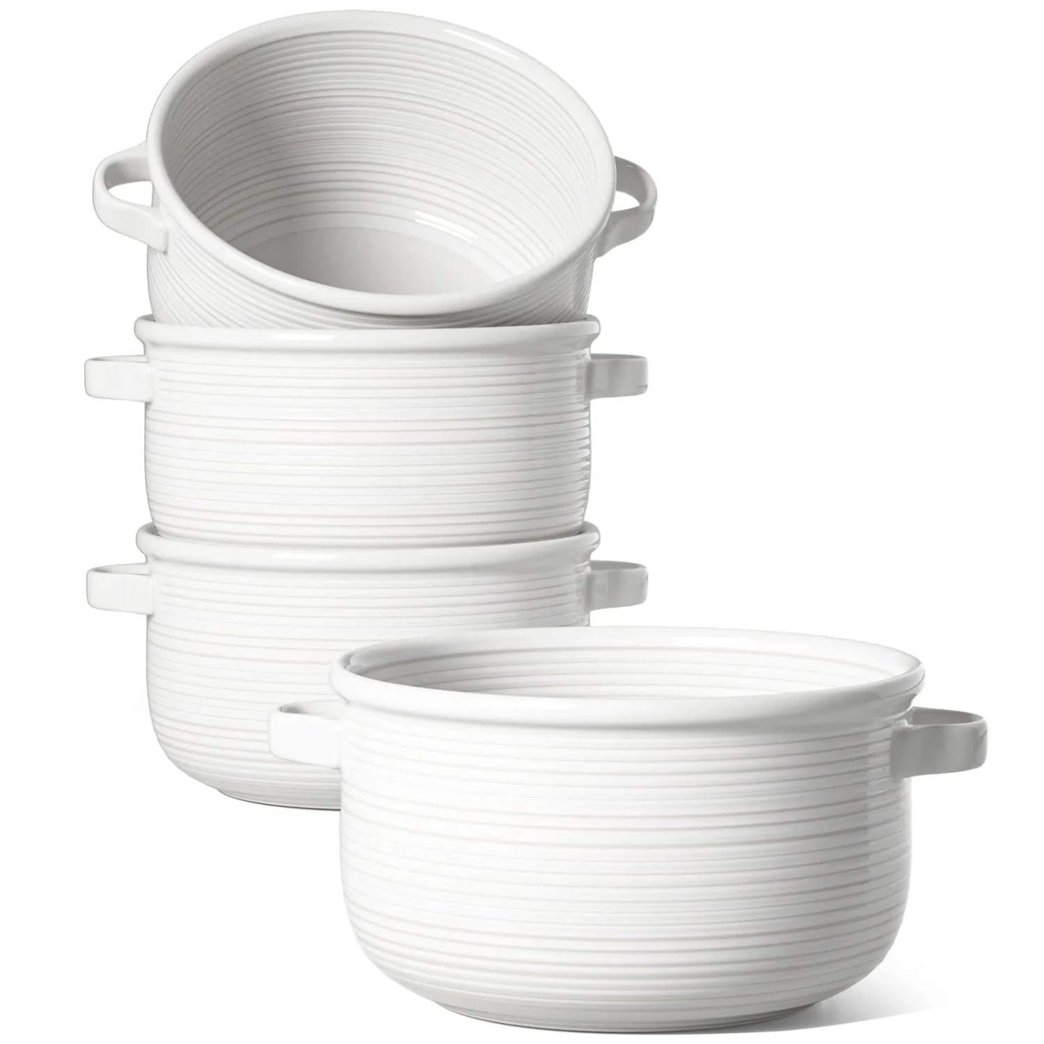 LE TAUCI French Onion Soup Bowls with Handles, 28 oz Large Oven Safe Ceramic Soup Crocks for Chilli, Beef Stew & Pot Pies, Stackable, Dishwasher Safe, Set of 4, White