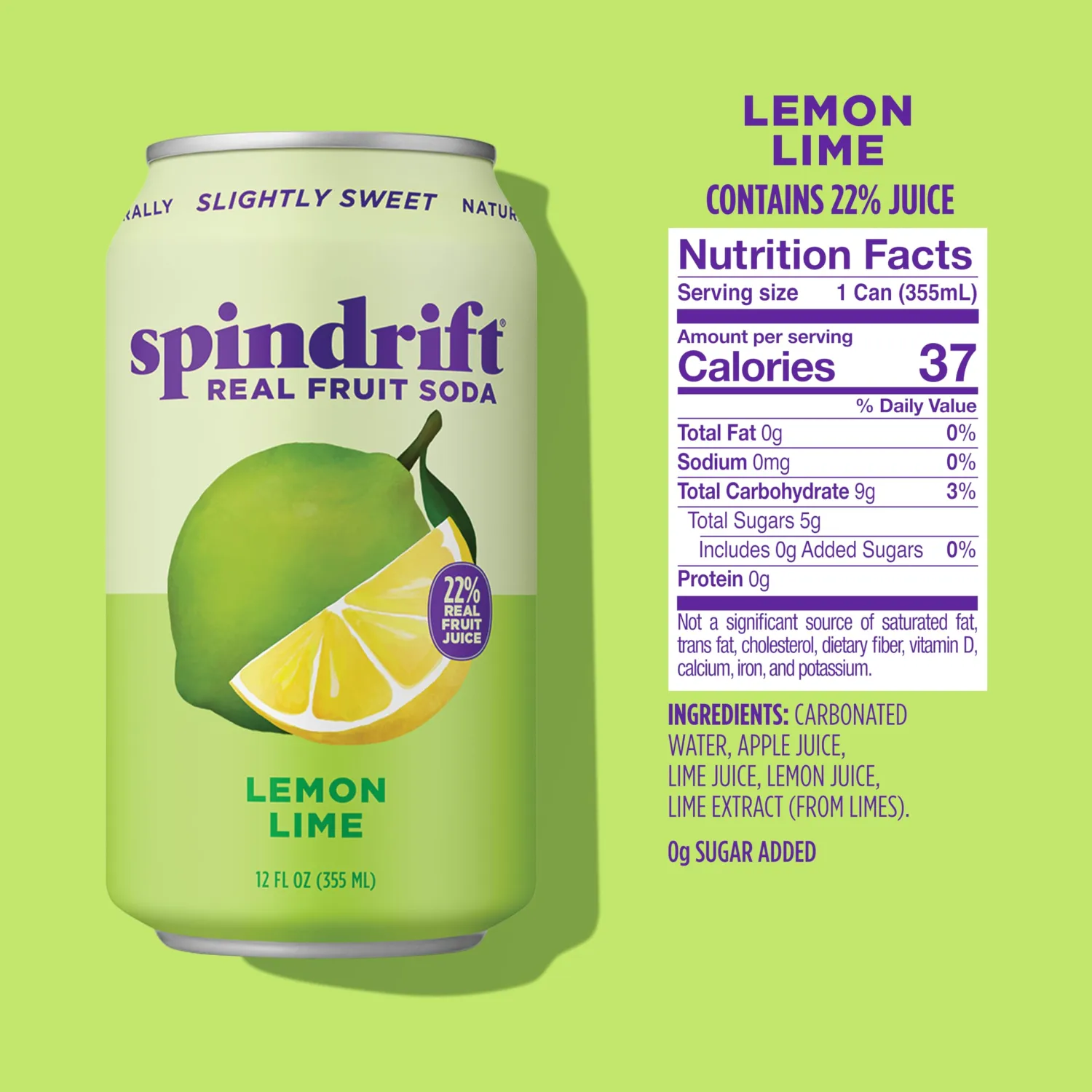 Spindrift "Lemon Lime" Soda, Made with Real Squeezed Fruit, Pack of 12