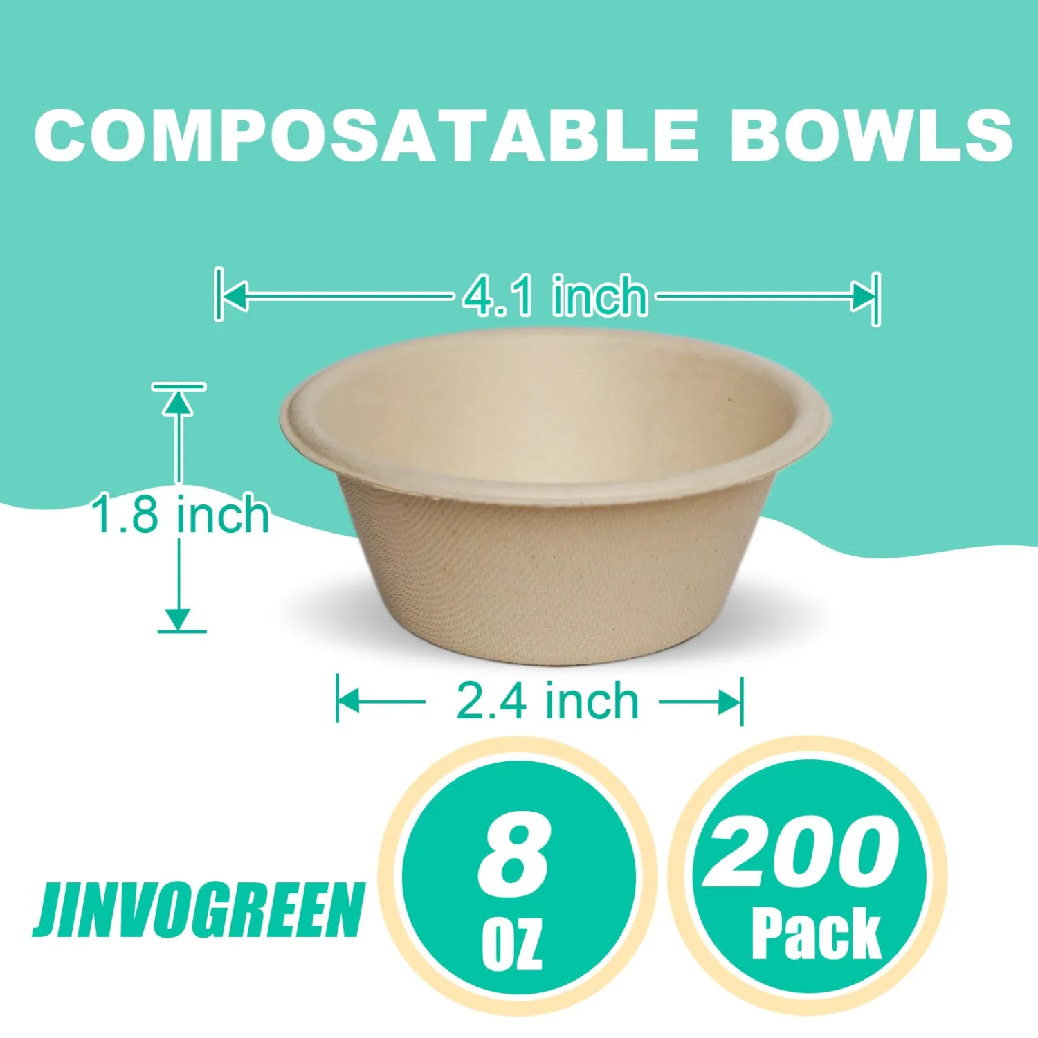 JINVOGREEN 200 Count 8 oz Paper Bowls, Small Disposable Compostable Bowls, Heavy Duty Biodegradable Sugarcane Bagasse Bowl for Snacks, Fruits, Desserts, Natural