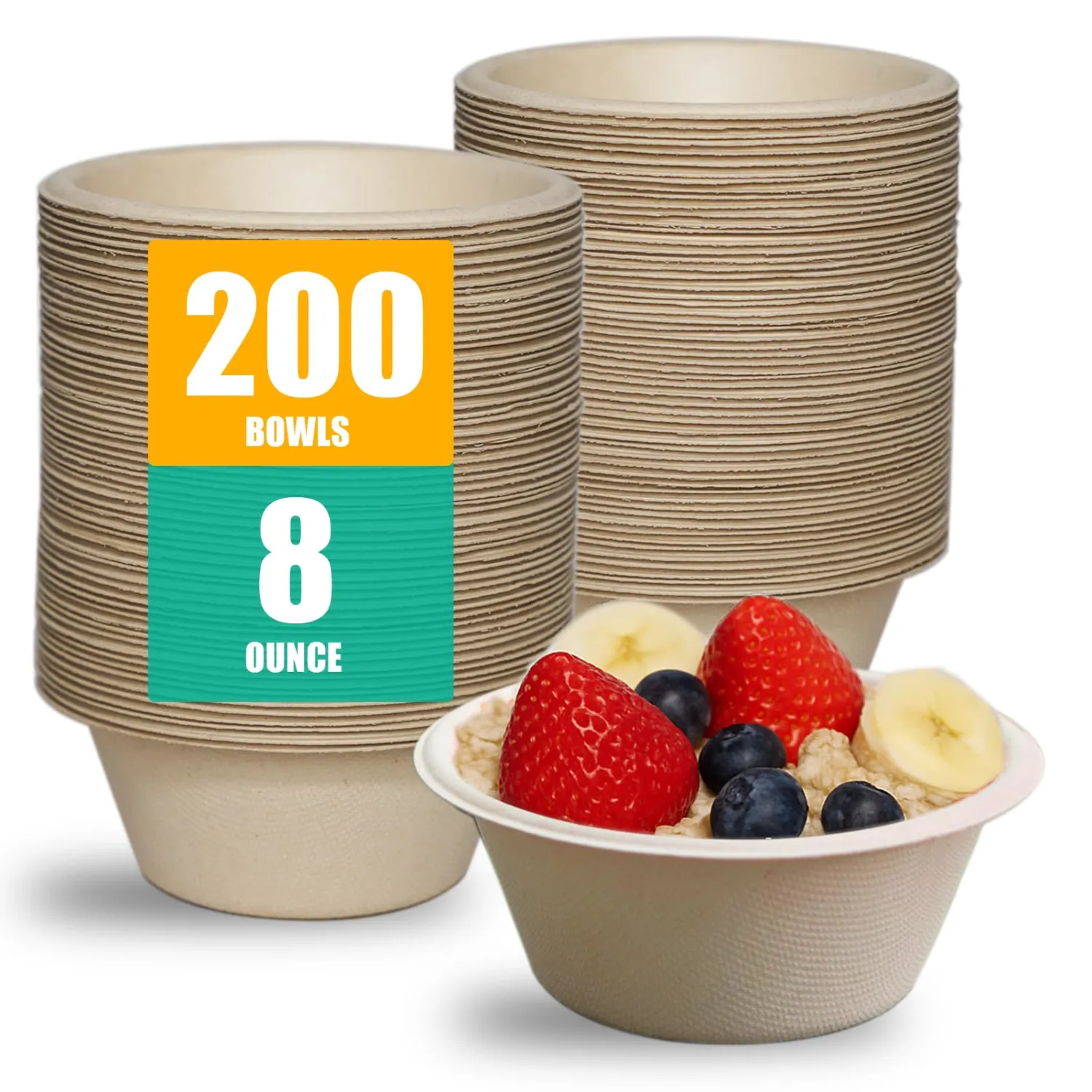 JINVOGREEN 200 Count 8 oz Paper Bowls, Small Disposable Compostable Bowls, Heavy Duty Biodegradable Sugarcane Bagasse Bowl for Snacks, Fruits, Desserts, Natural
