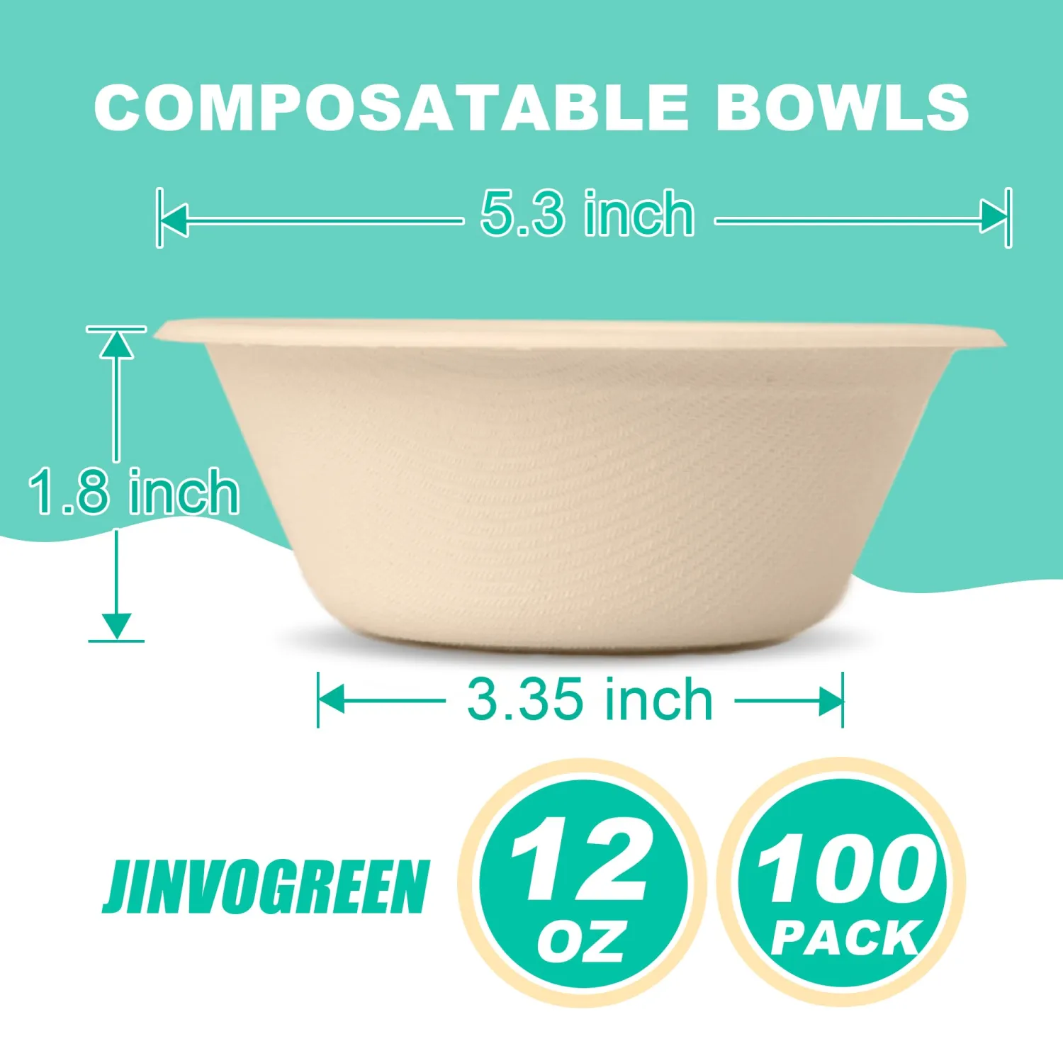 JINVOGREEN 12 oz Paper Bowls, 100 Count Disposable Compostable Bowls, Heavy Duty Biodegradable Bagasse Bowl for Snacks, Soup, and Salads, Natural