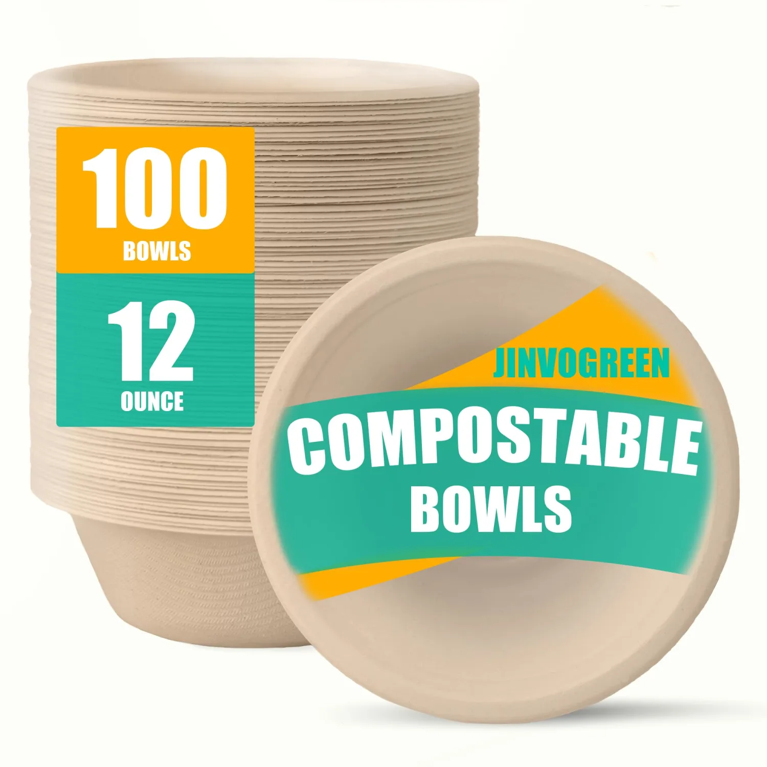 JINVOGREEN 12 oz Paper Bowls, 100 Count Disposable Compostable Bowls, Heavy Duty Biodegradable Bagasse Bowl for Snacks, Soup, and Salads, Natural