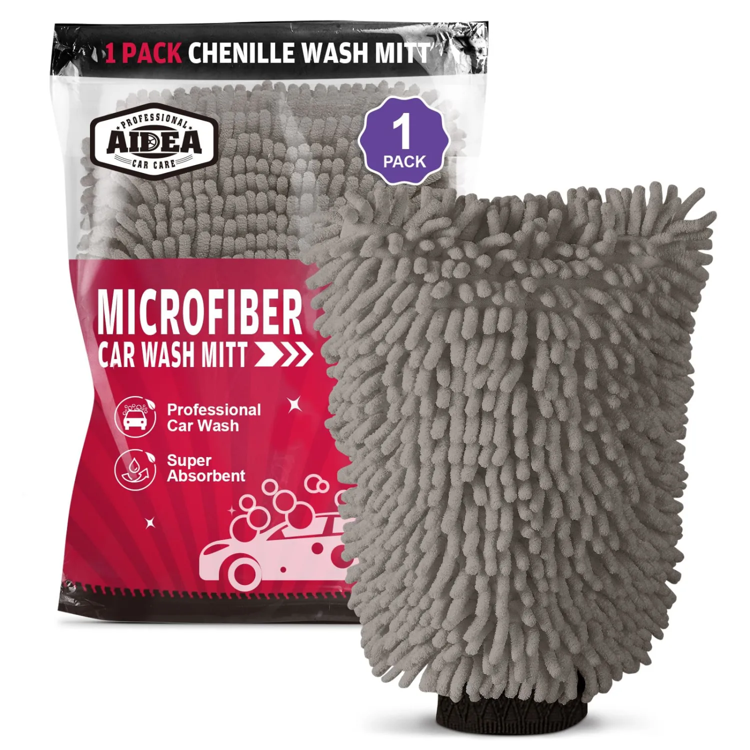 AIDEA Car Wash Mitt Microfiber, 1PK, Car Wash Brush, Grey, 7.12''X10.14'' | Scratch Free Lint Free Premium Chenille Microfiber Mitt, Cleaning Supplies, Regular Size