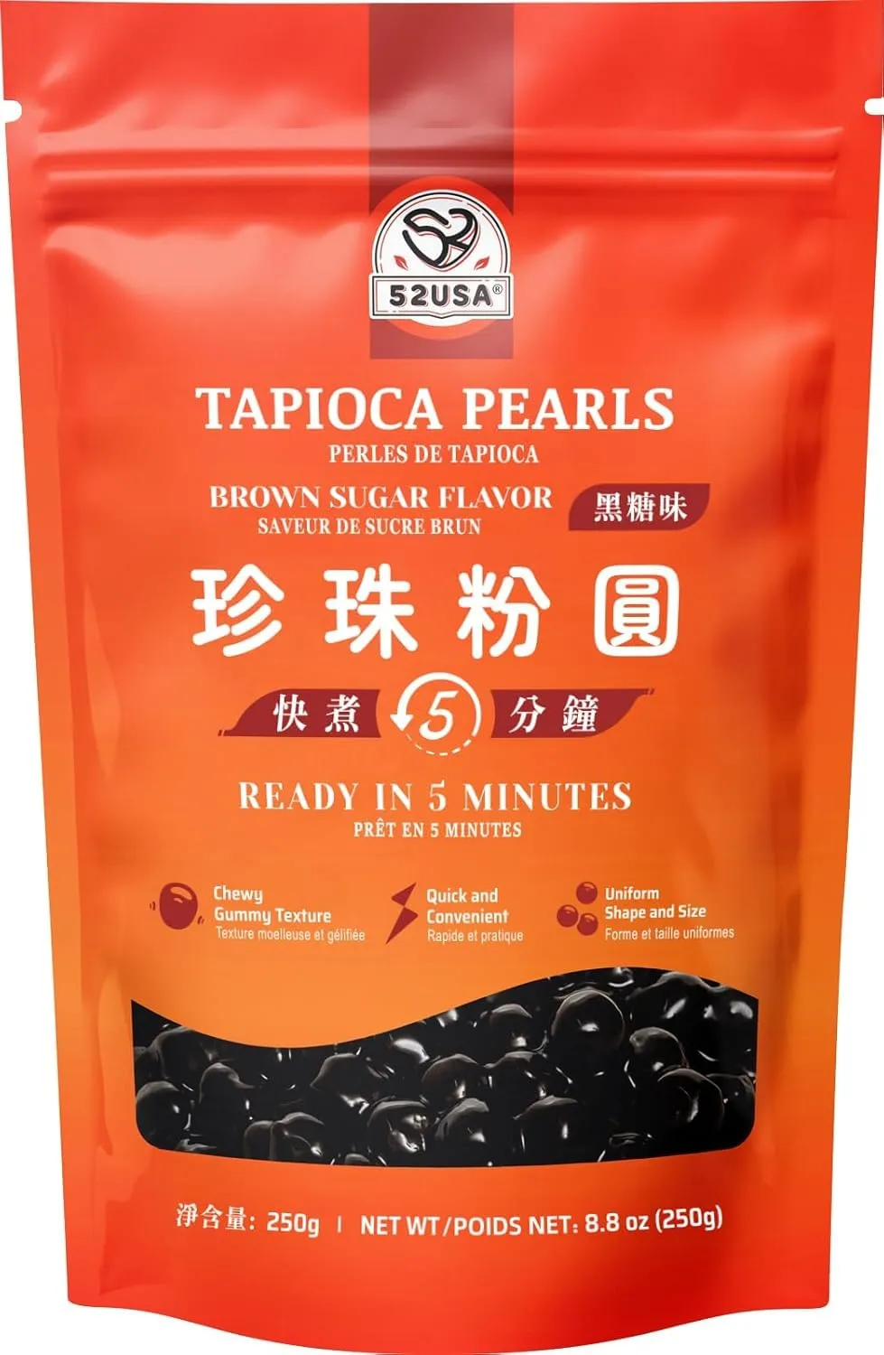 52USA Black Sugar Flavor Boba Pearls, Fast Cooking Tapioca Pearls, Premium Topping for Homemade Bubble Tea, 8.8 Oz (250 g), Single Pack