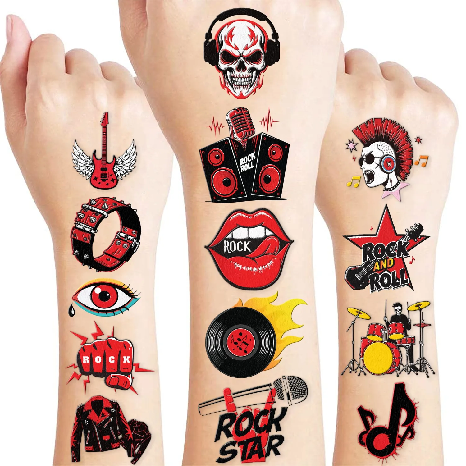 96 PCS Born to Rock and Roll Pre-Cut Temporary Tattoos for Kids | | Super Cute Themed Birthday Party Favors, Supplies, Decorations, Music Fake Tattoo Stickers Rewards & Gifts For Boys & Girls