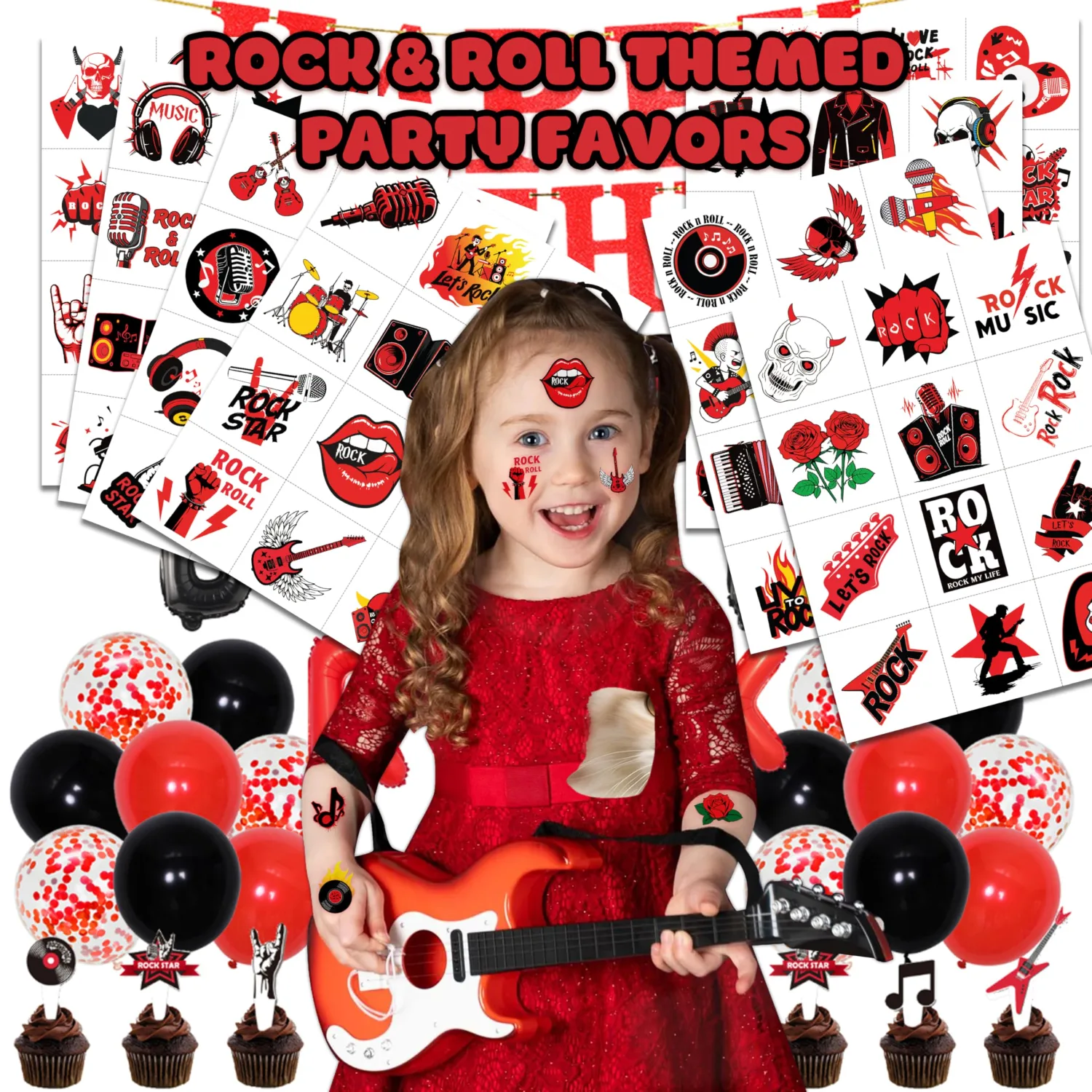 96 PCS Born to Rock and Roll Pre-Cut Temporary Tattoos for Kids | | Super Cute Themed Birthday Party Favors, Supplies, Decorations, Music Fake Tattoo Stickers Rewards & Gifts For Boys & Girls