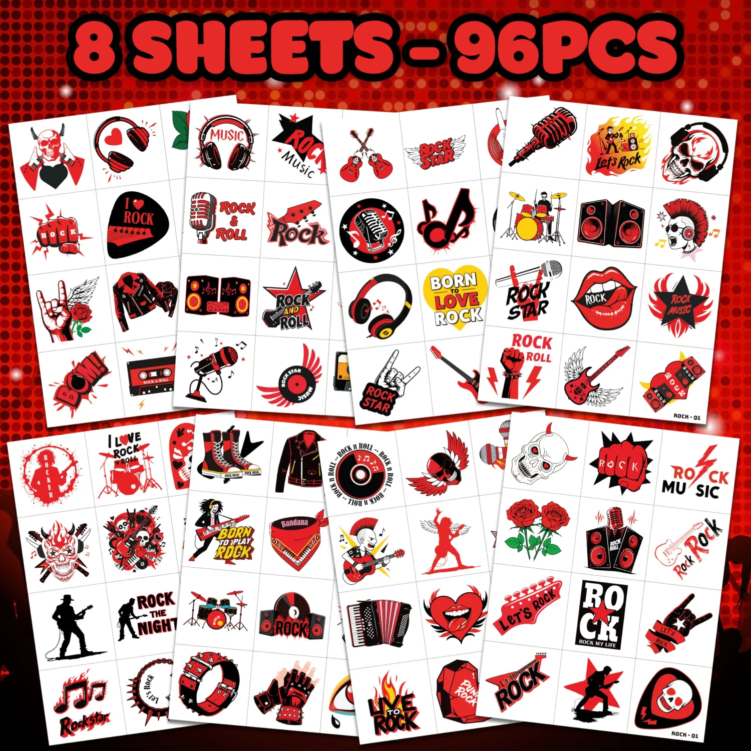 96 PCS Born to Rock and Roll Pre-Cut Temporary Tattoos for Kids | | Super Cute Themed Birthday Party Favors, Supplies, Decorations, Music Fake Tattoo Stickers Rewards & Gifts For Boys & Girls